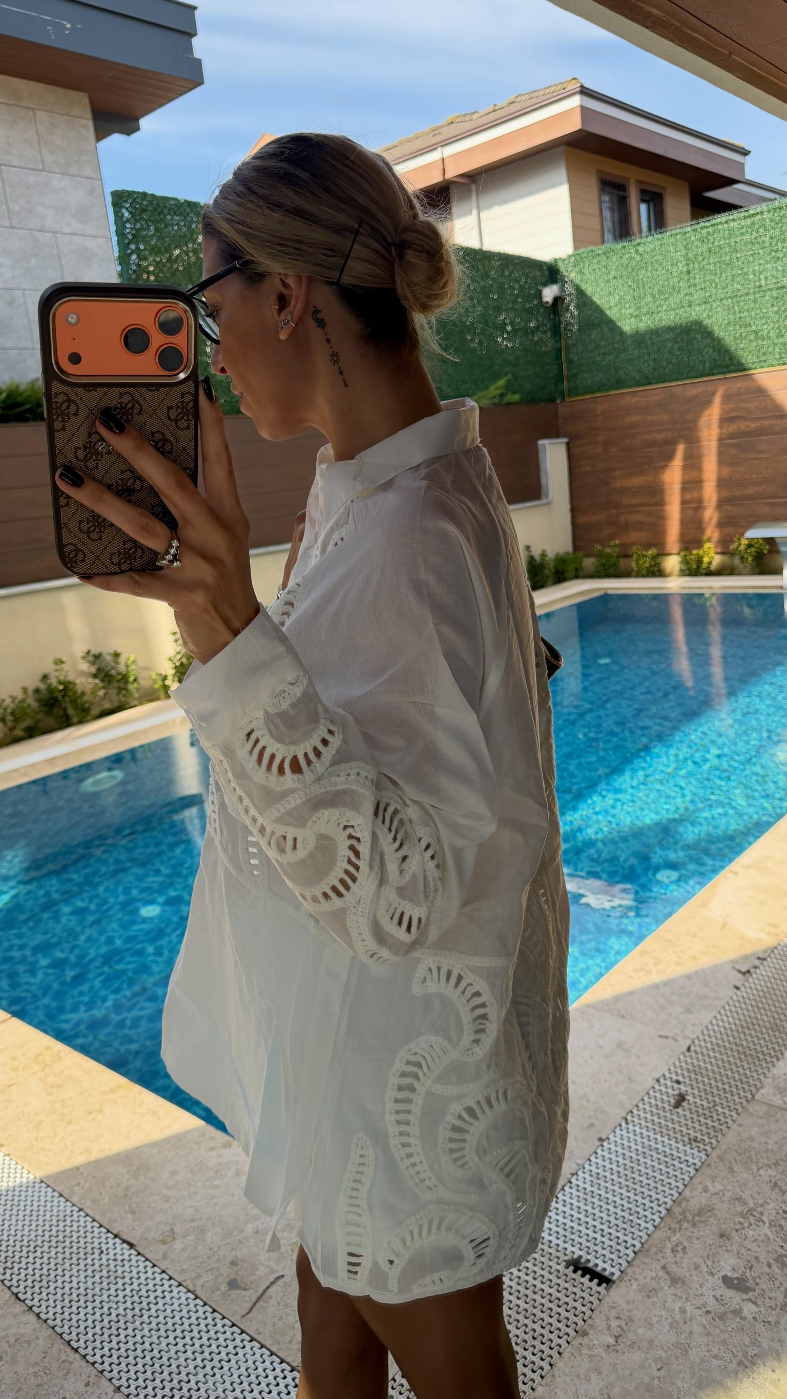 İşlemeli Tasarım Keten Gömlek Ekru