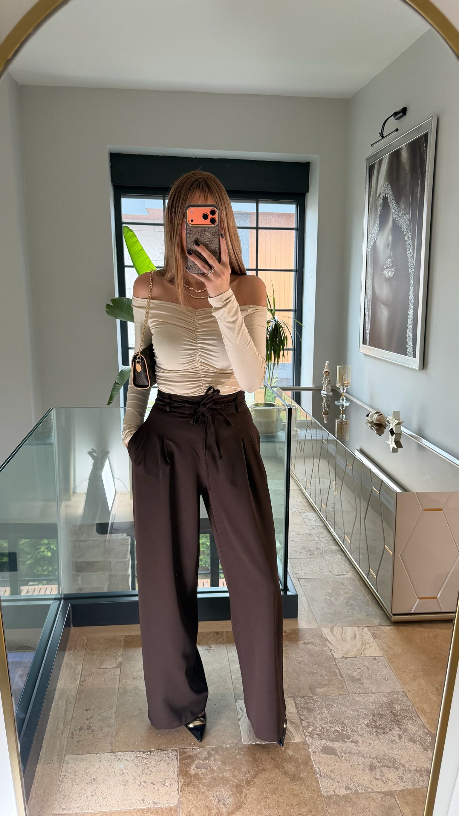 Çift Bağcıklı Kemerli Palazzo Pantolon Acı Kahve