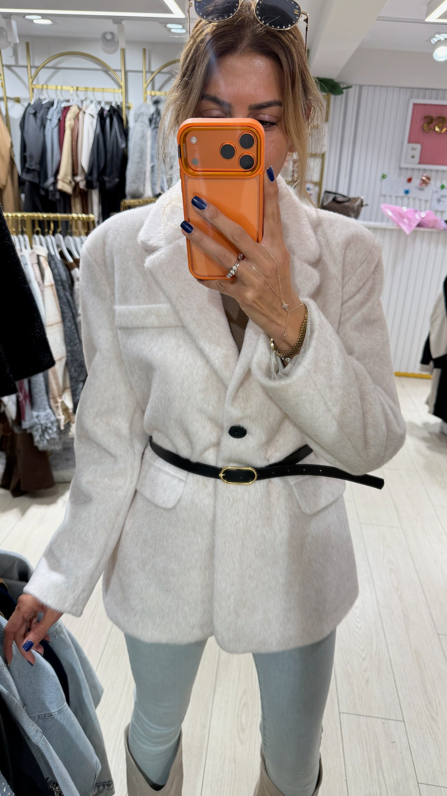 Premium Kalite Kemerli Ekru Peluş Blazer Ceket