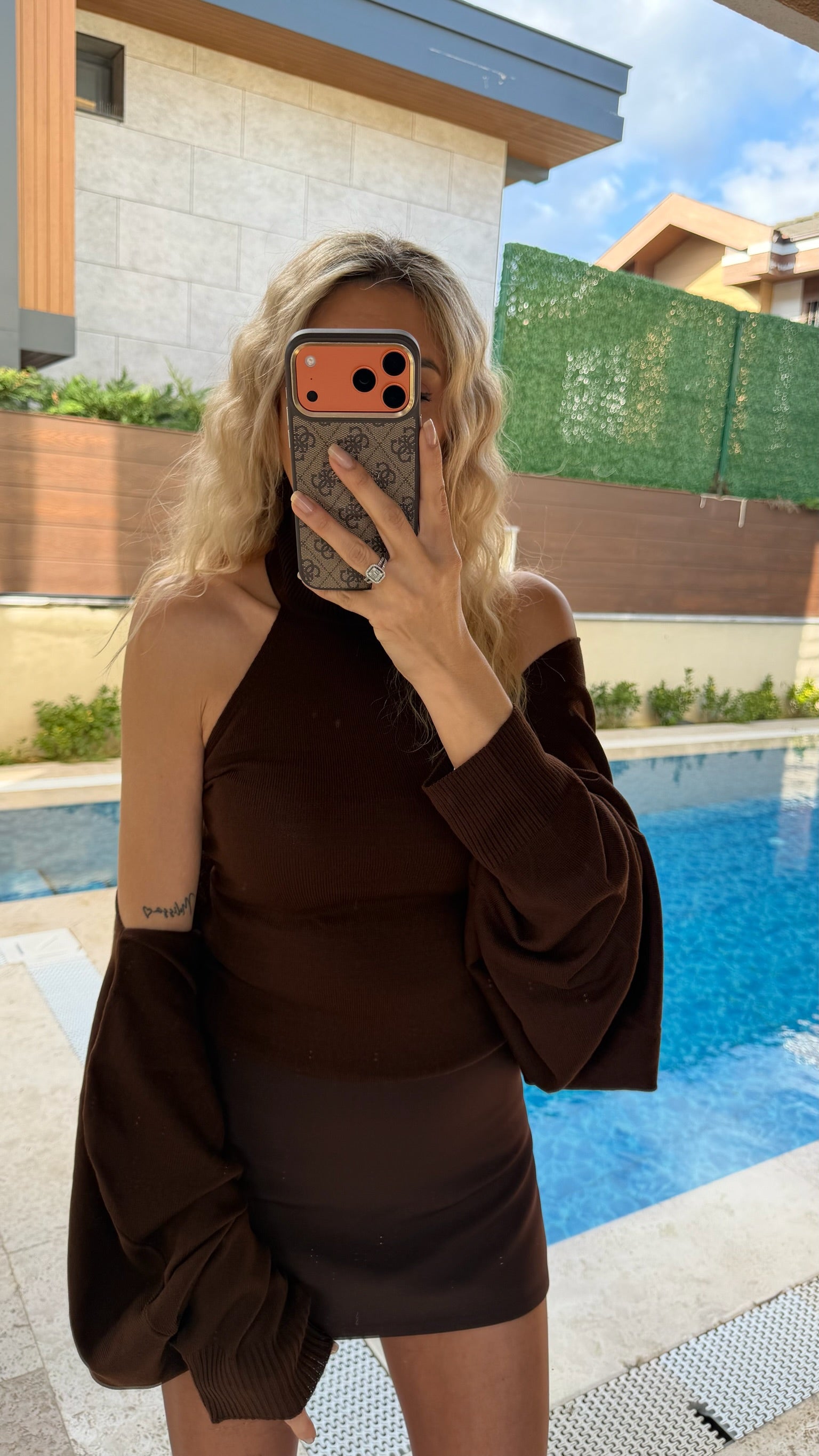 Bolero Sırtı Açık Boğazlı İkili Triko Takım Kahverengi