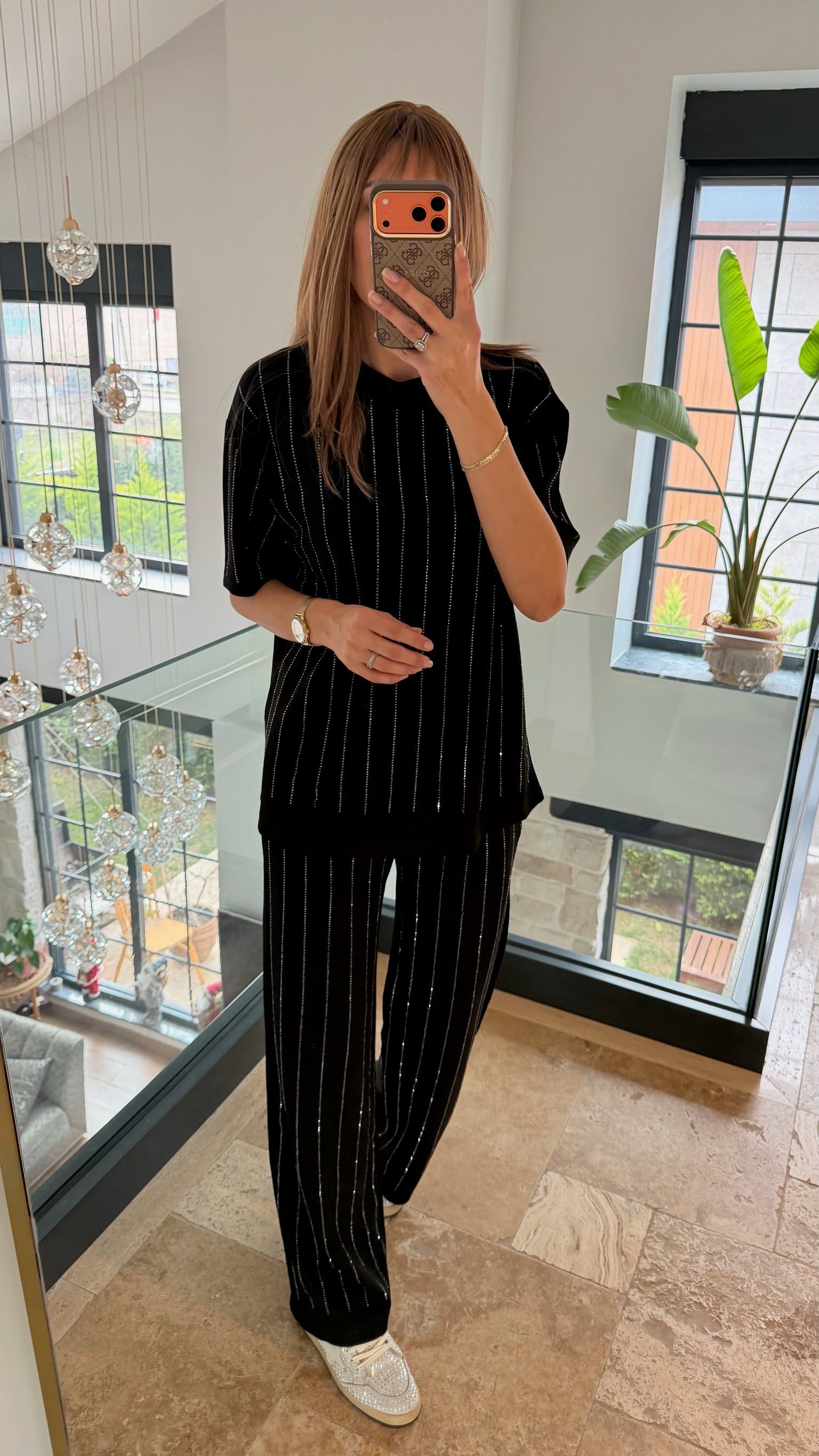 Şerit Taş Detaylı İkili Tişört Takım Siyah