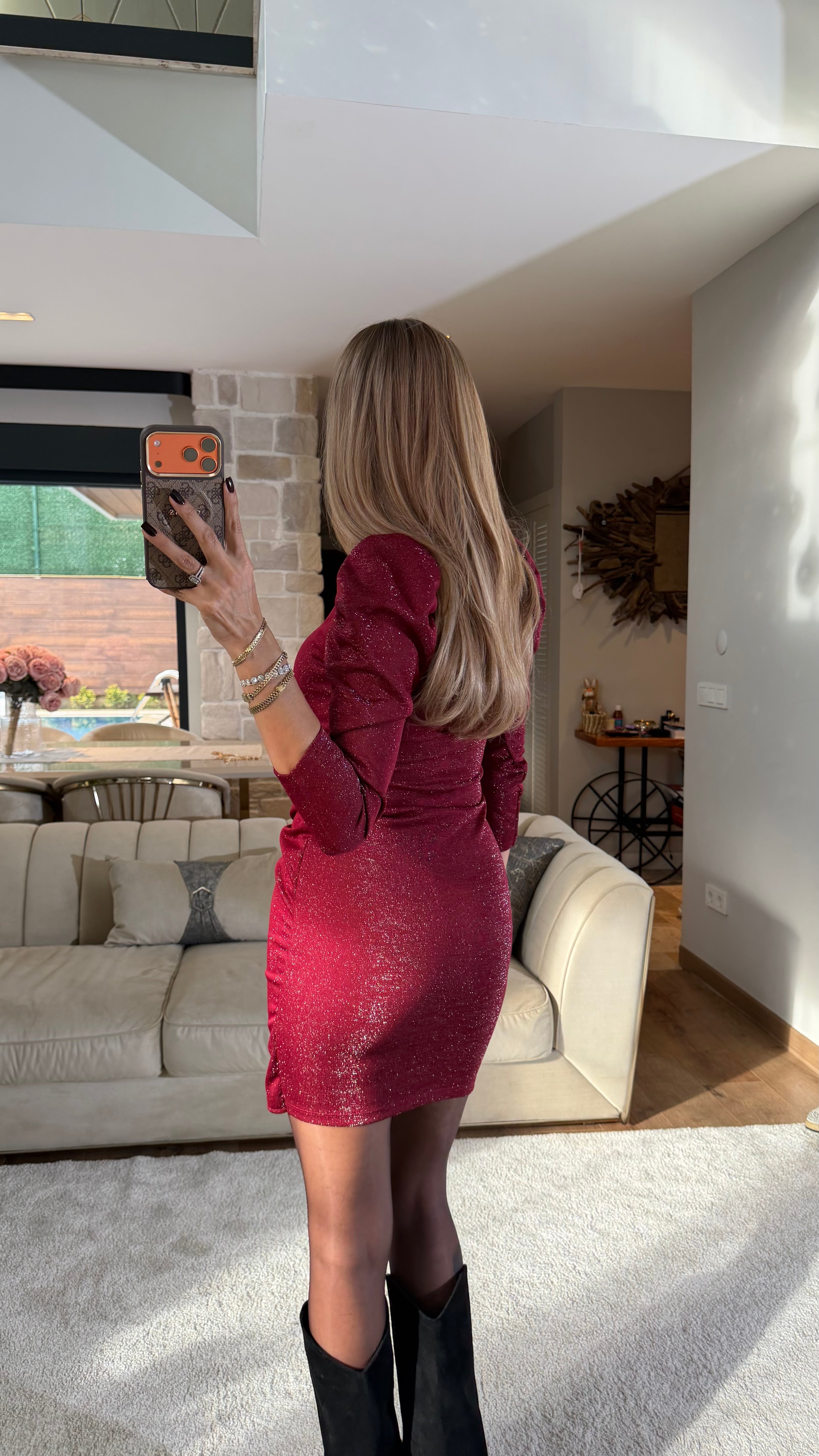 Bordo Kruvaze Yaka Elbise