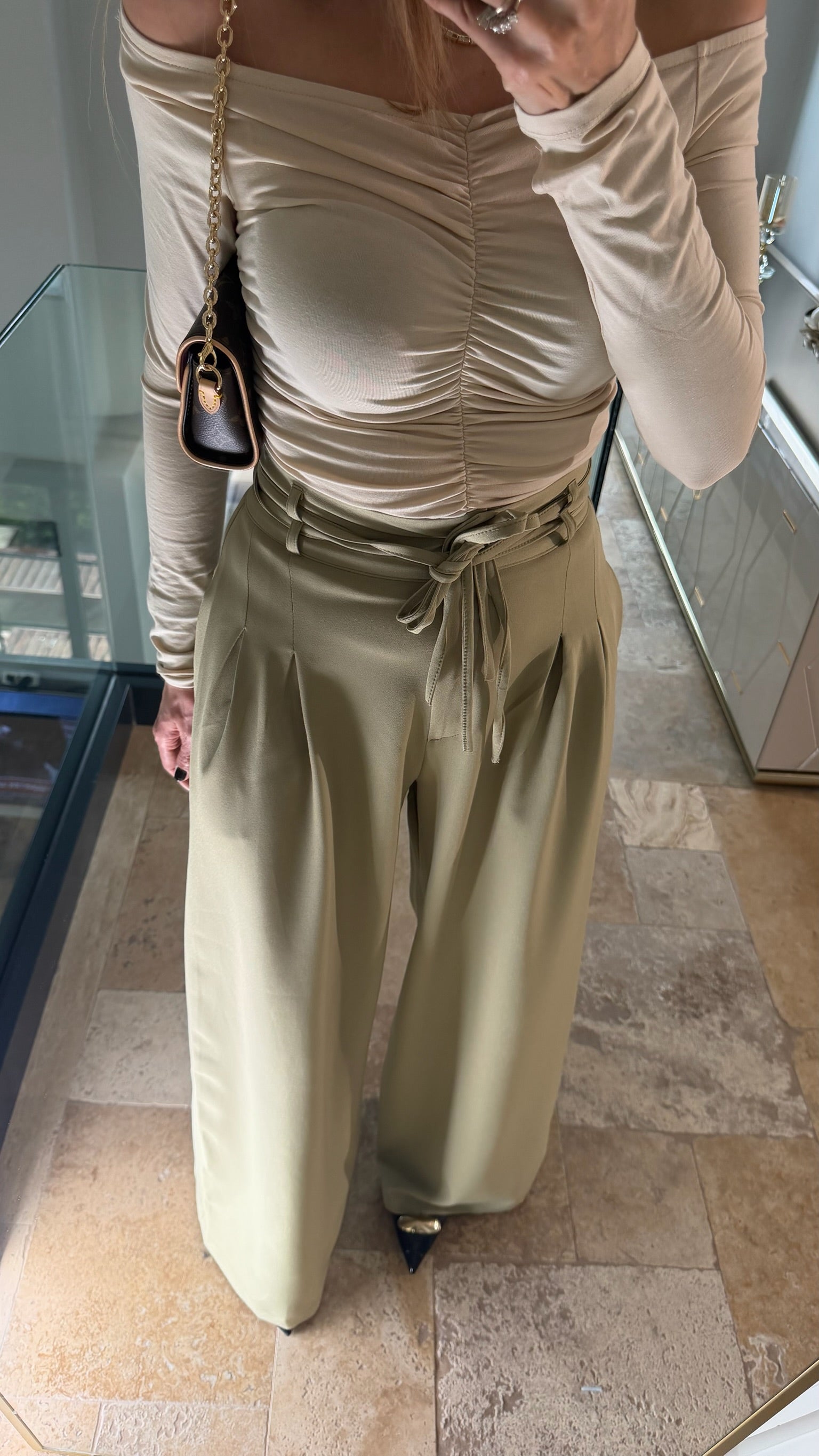 Çift Bağcıklı Kemerli Palazzo Pantolon Haki