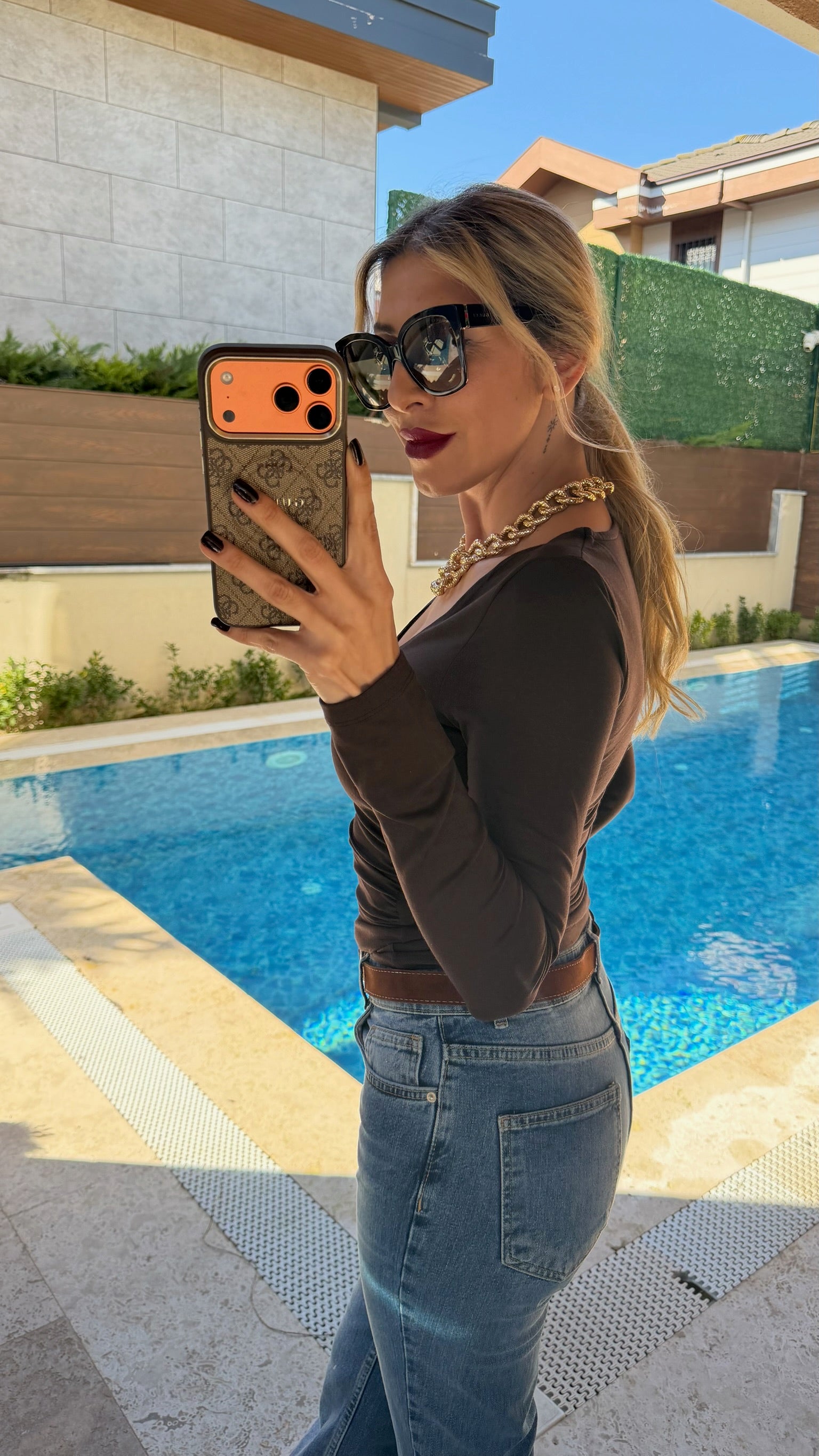 Dilvin V Yaka Dekolteli Bluz Acı Kahve
