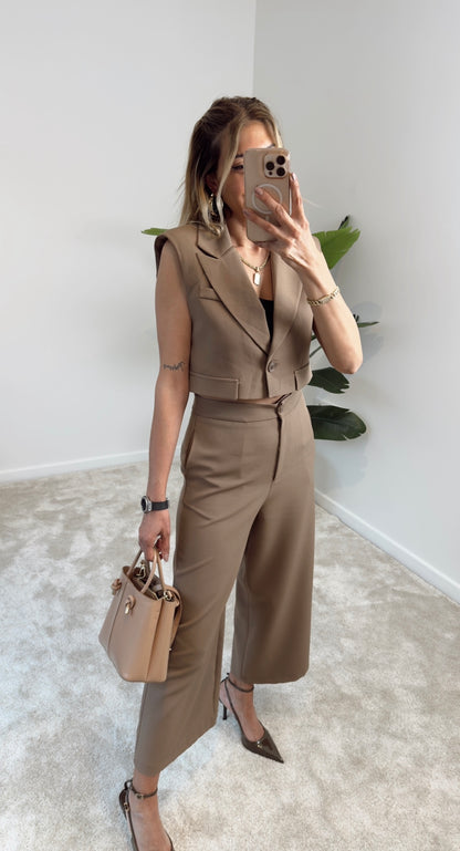 Hery Crop Ceket Pantolon Takım Vizon
