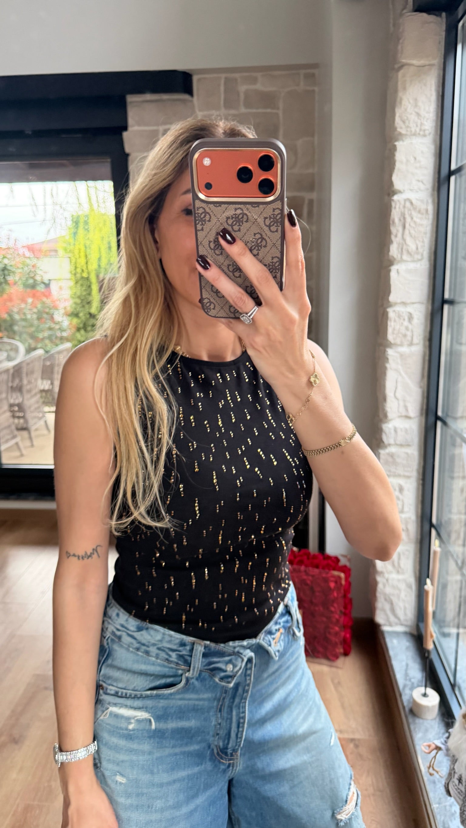 Akıtma Taş Detaylı Atlet Siyah