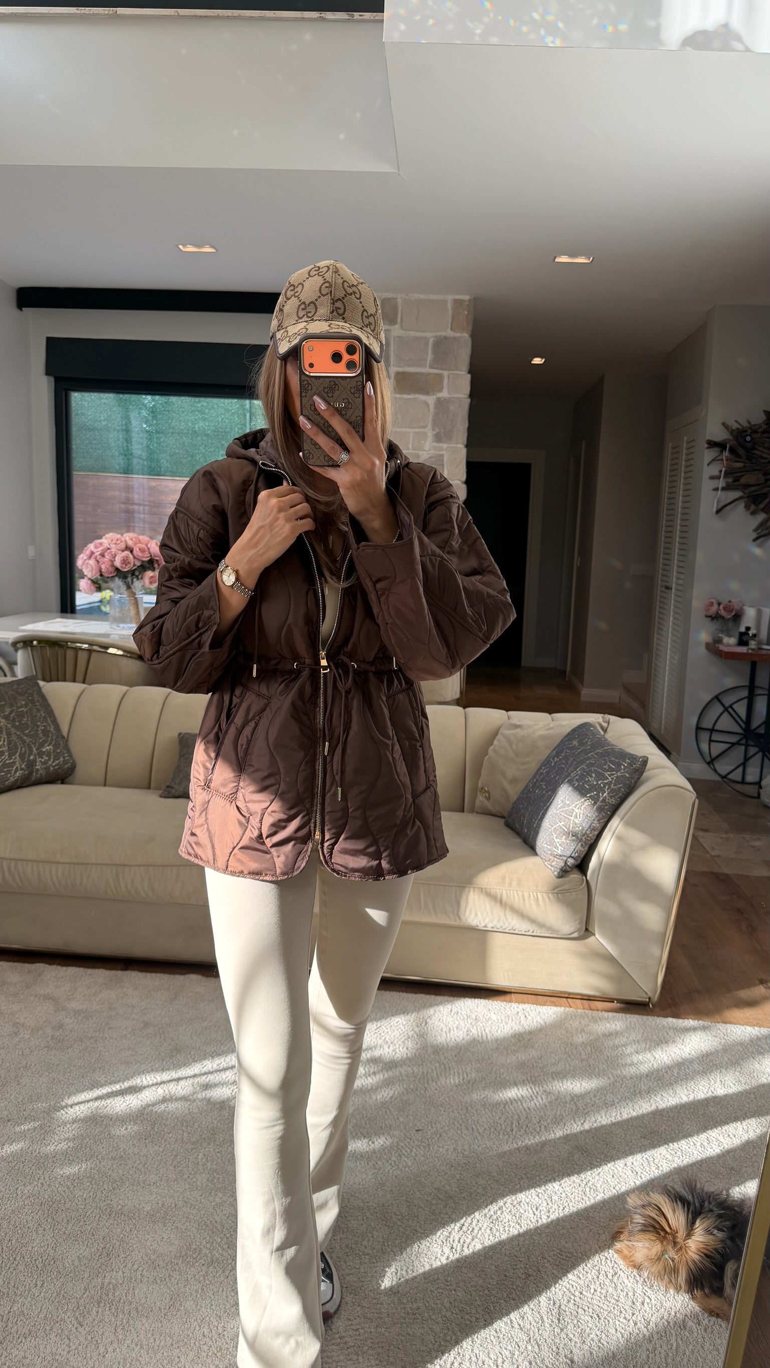 Baklava Desenli Kapüşonlu Şişme Mont Acı Kahve