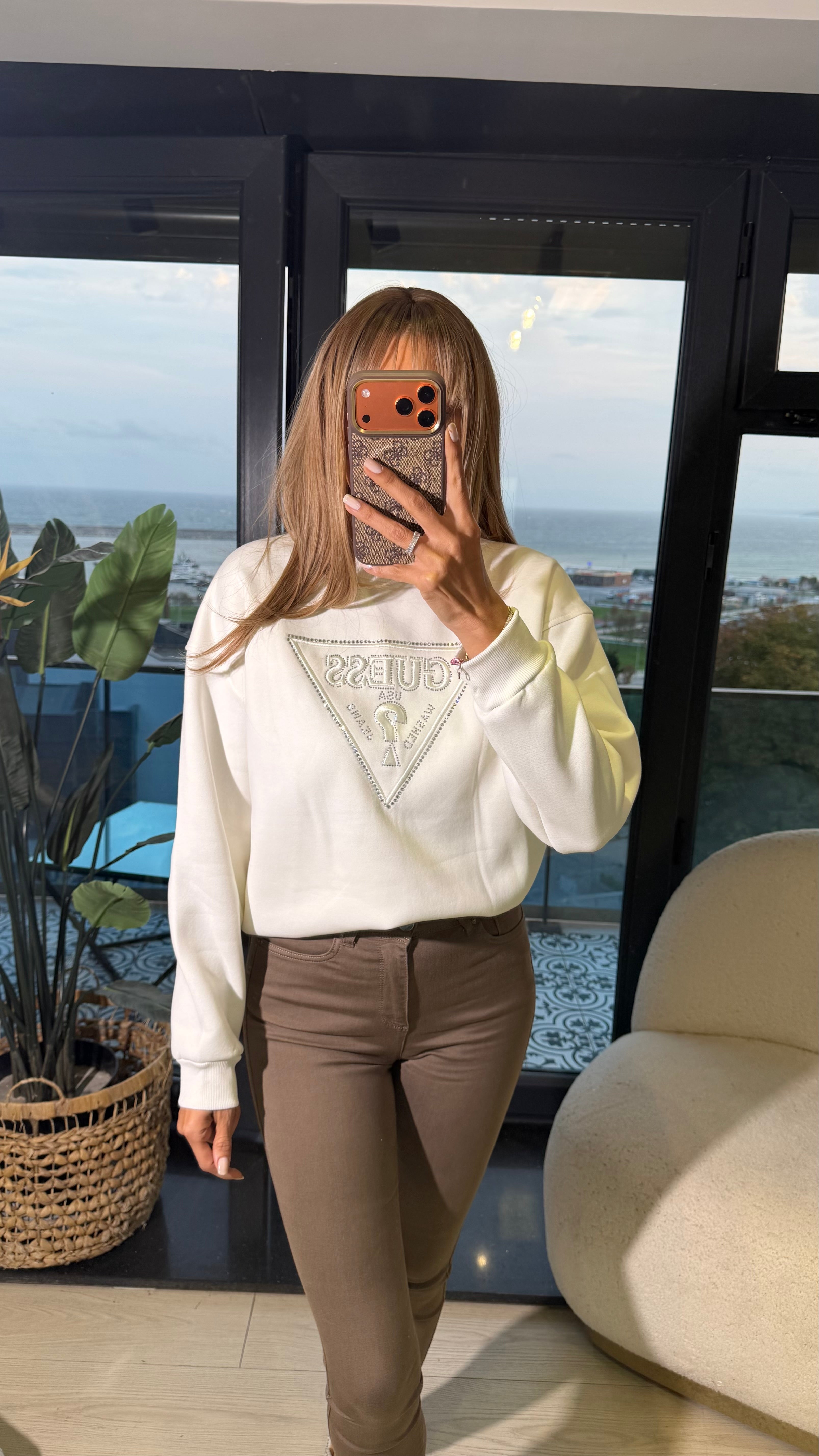Marka Baskılı Şardonlu Sweatshirt Beyaz