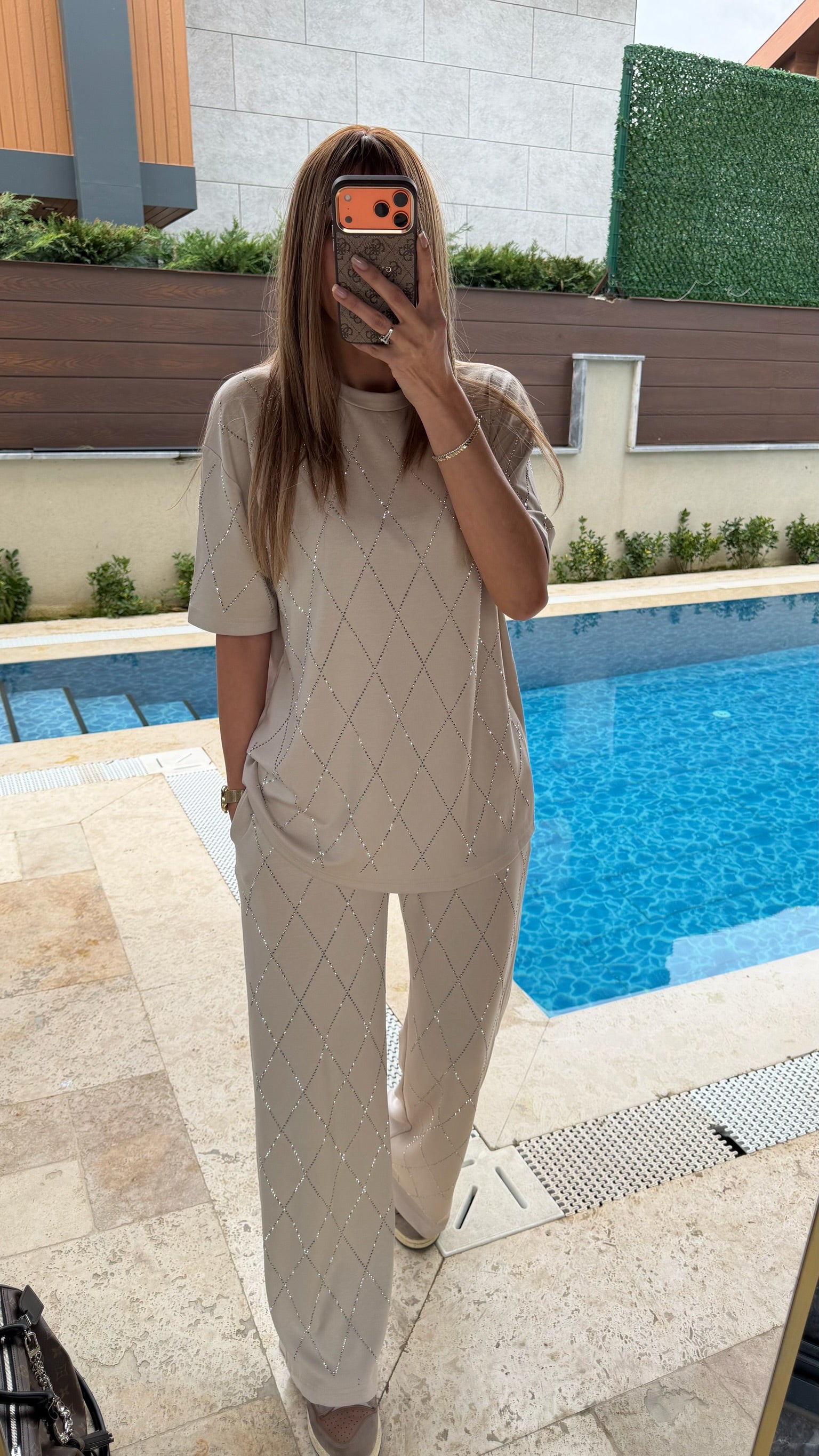 Baklava Desenli Taşlı İkili Tişört Takım Bej