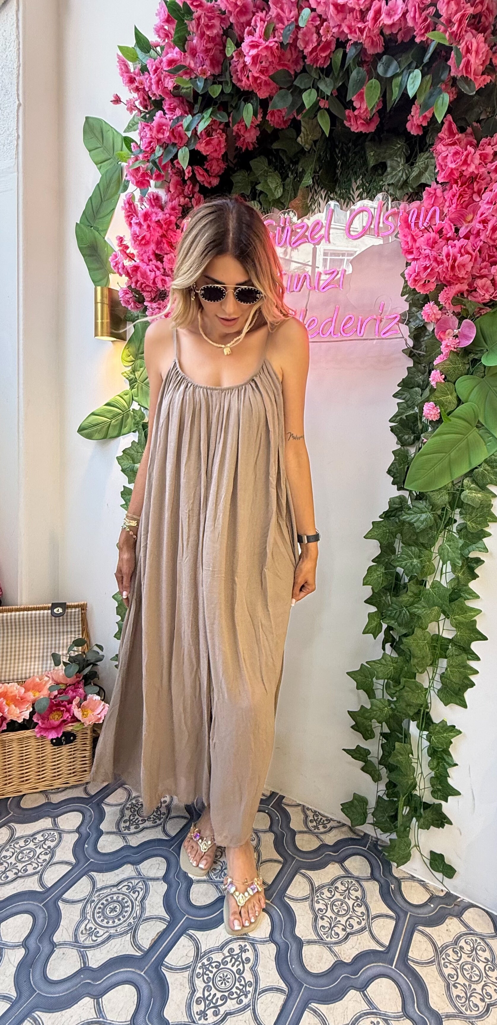 Desert Dream Askılı Bol Kesim Yazlık Elbise Bej