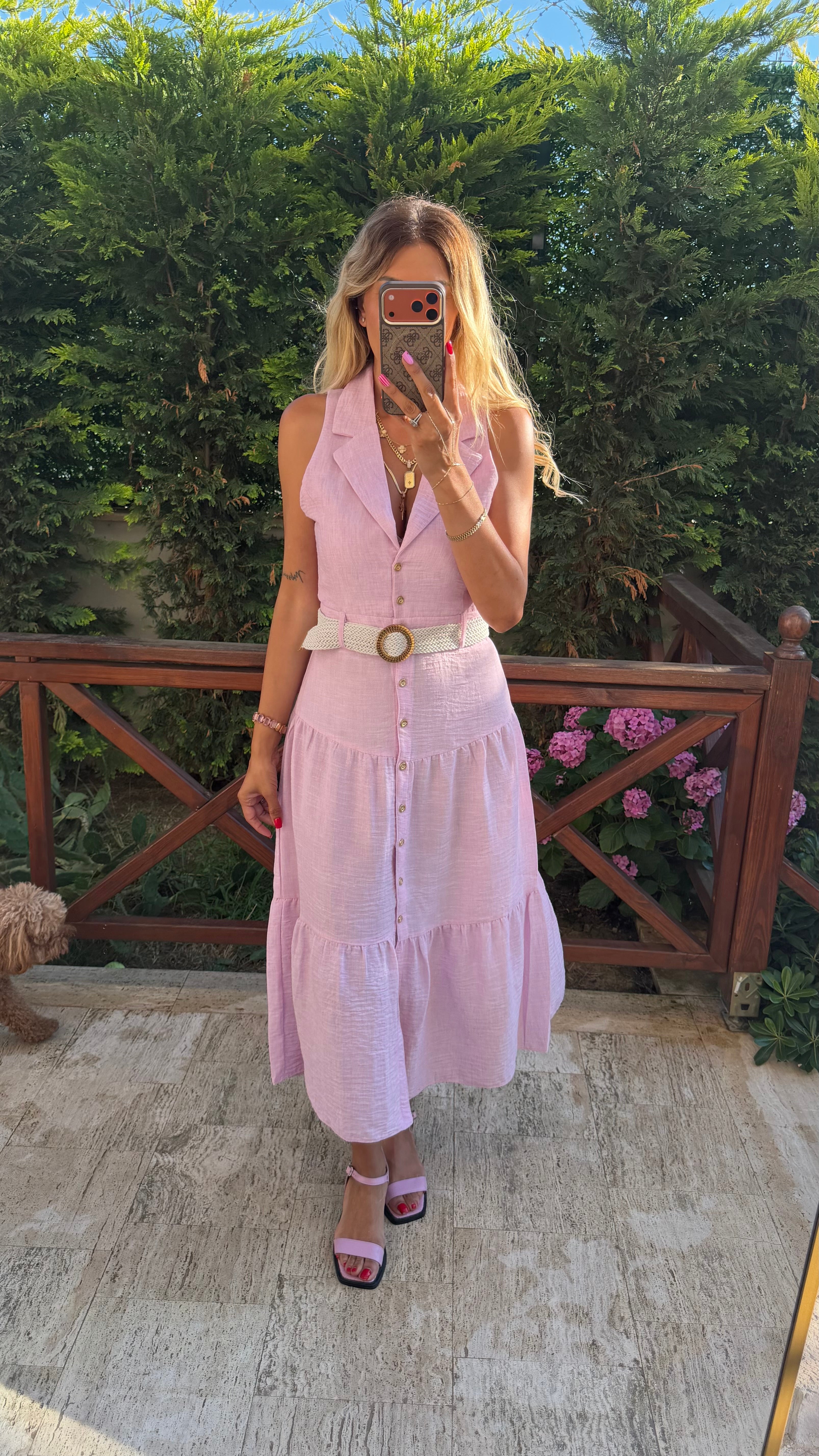 Pembe Kemer Detaylı Keten Midi Elbise