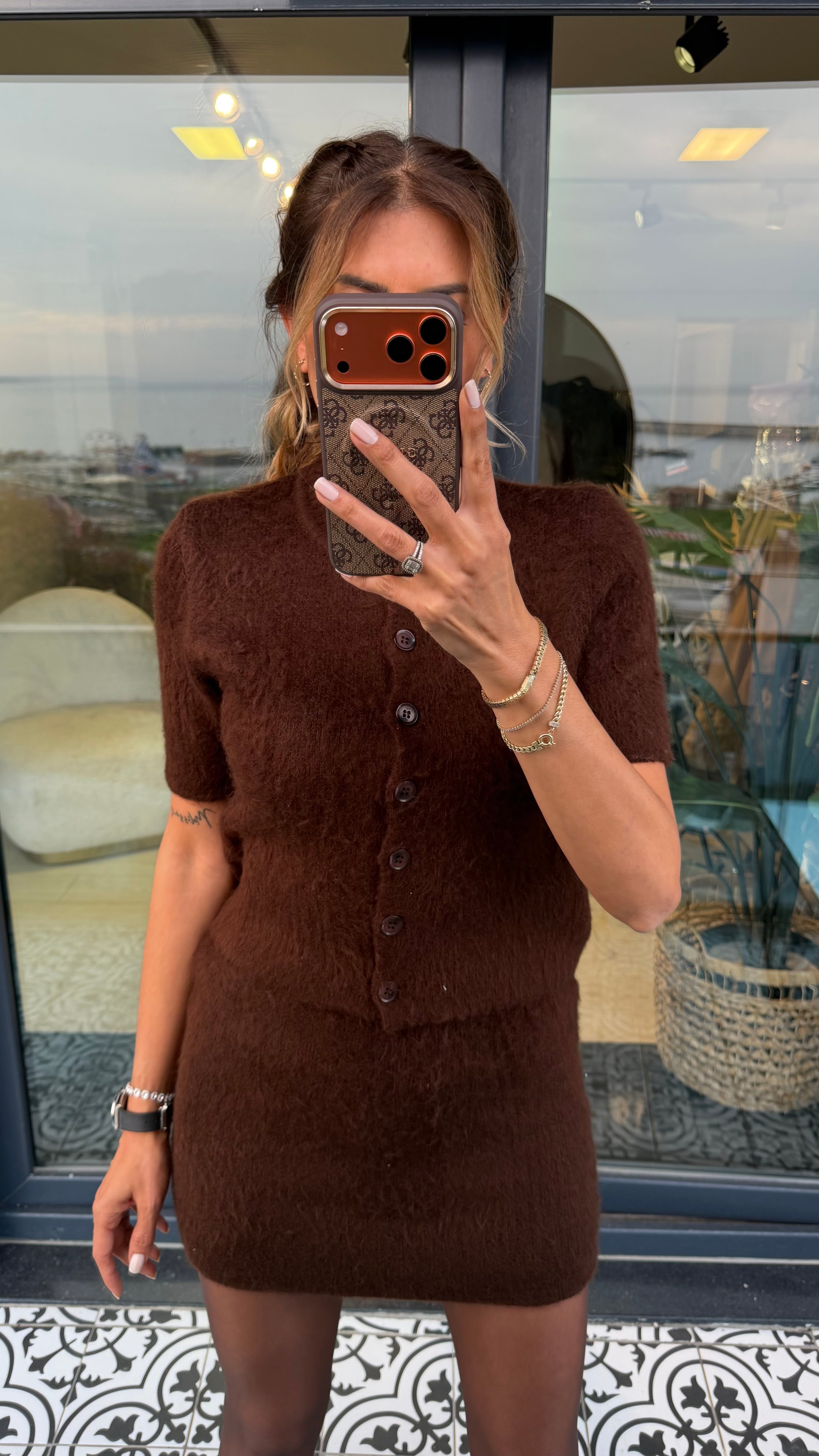 Kısa Kollu Düğme Detay Mini Etekli İkili Takım