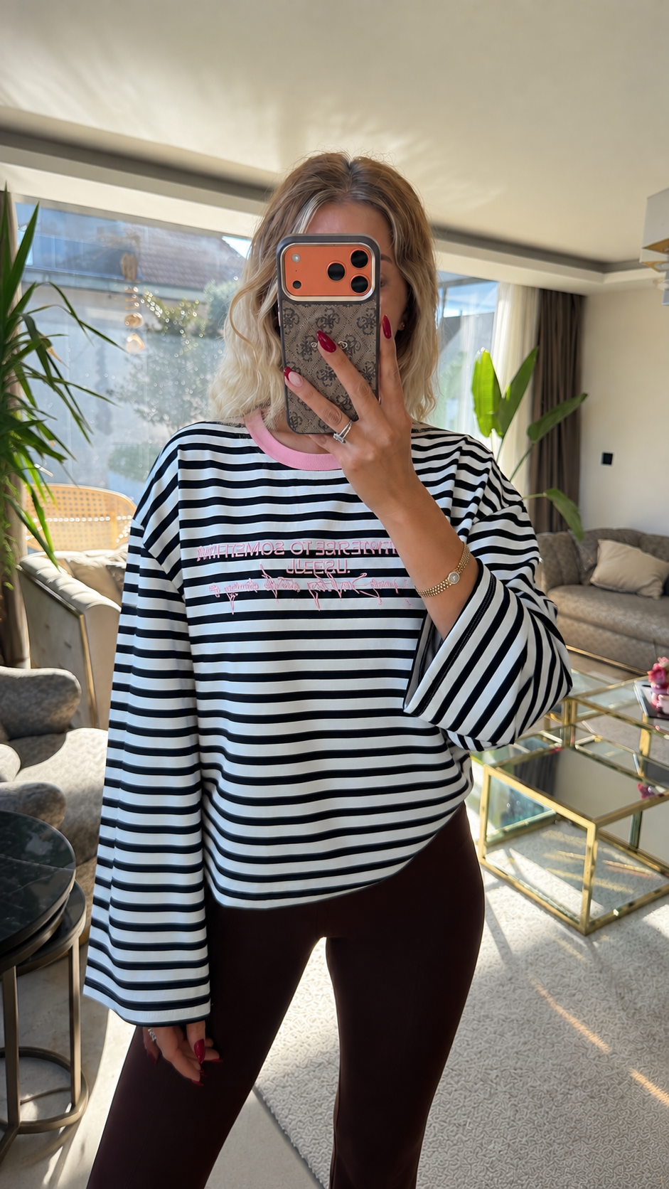 Mimoza Çizgili Yazı Detaylı Pembe Sweat