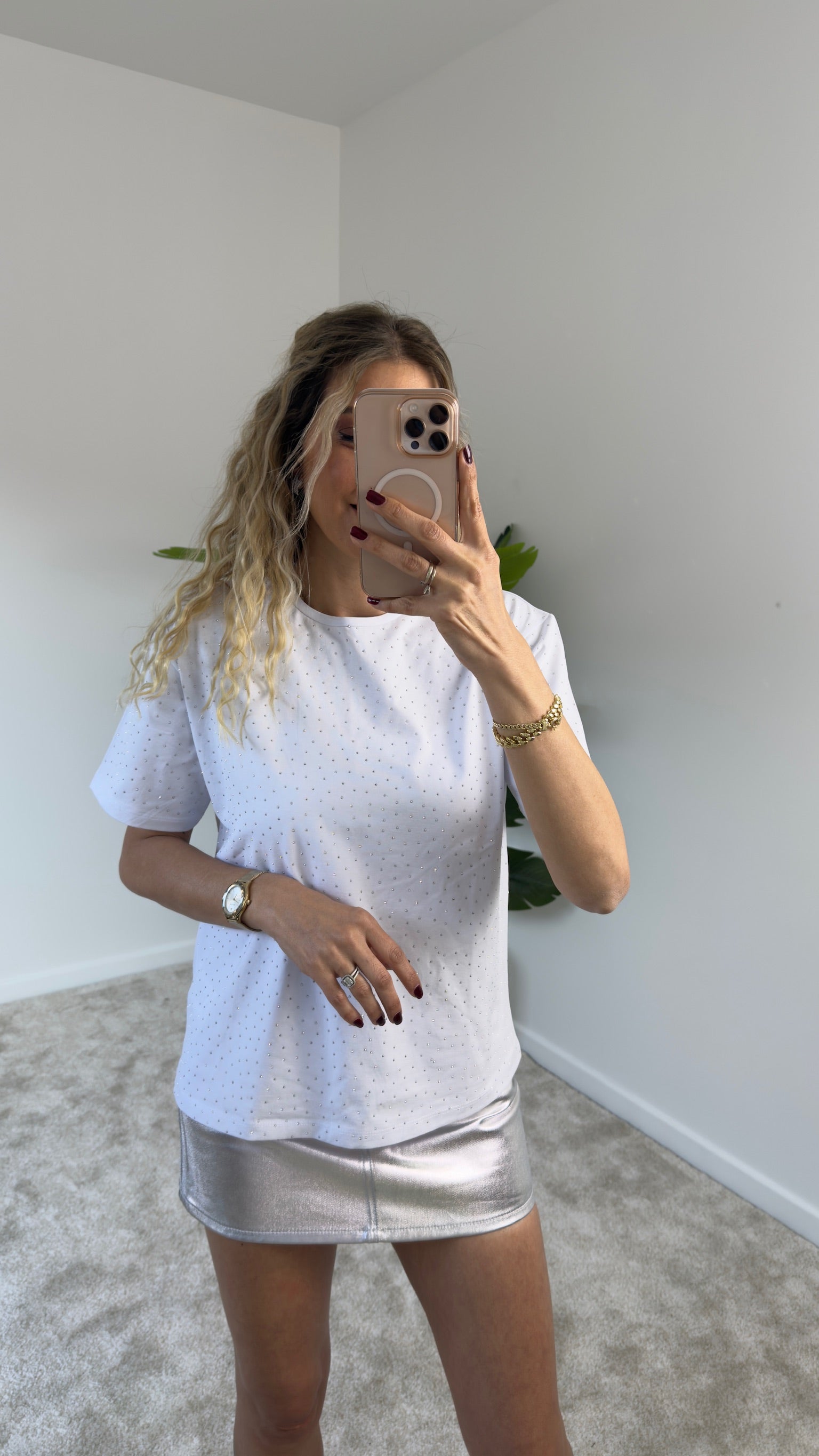 Taş Detaylı Tişört Beyaz