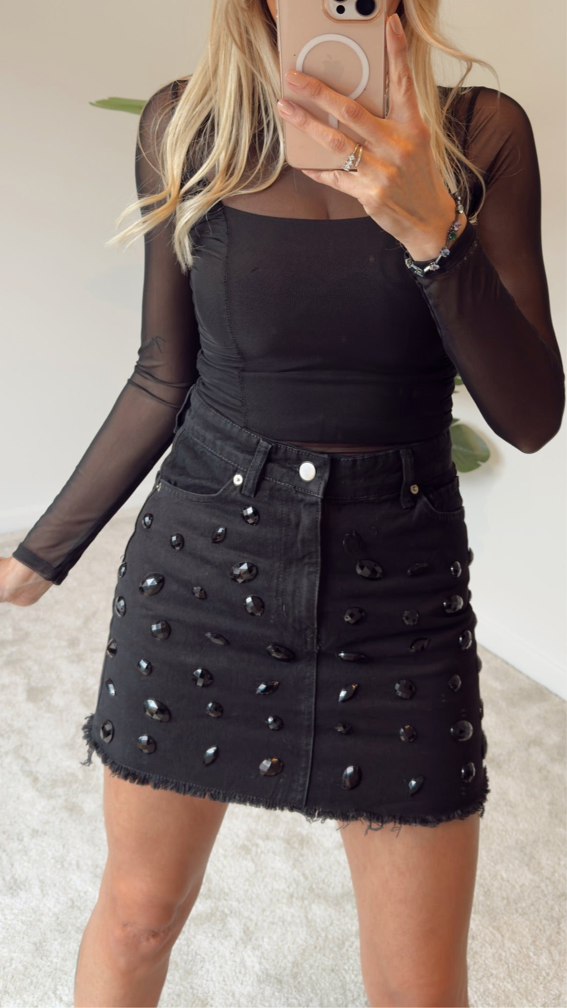 Siyah Taşlı Denim Etek