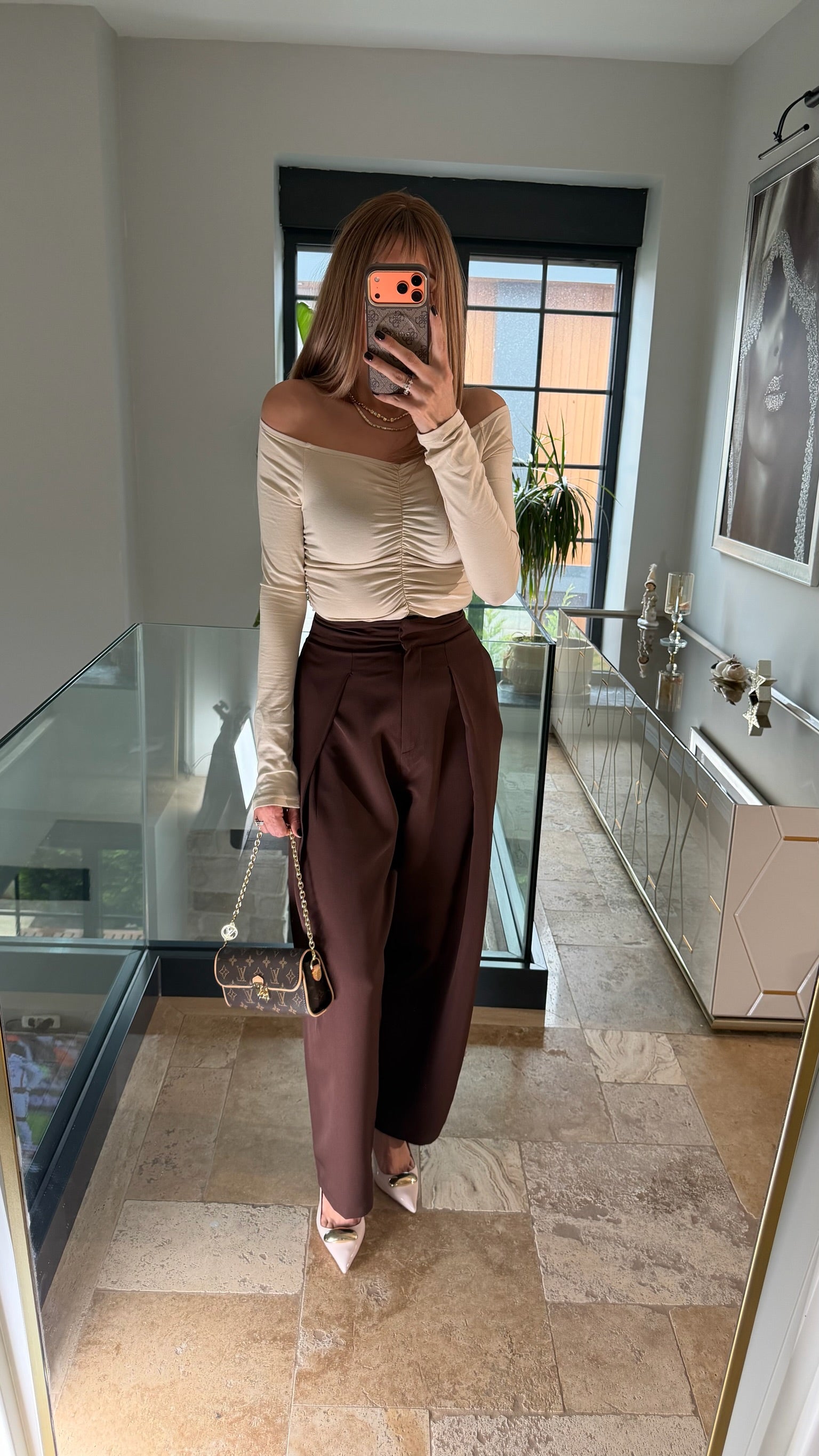 Yüksek Bel Pileli Balon Kumaş Pantolon Acı Kahve