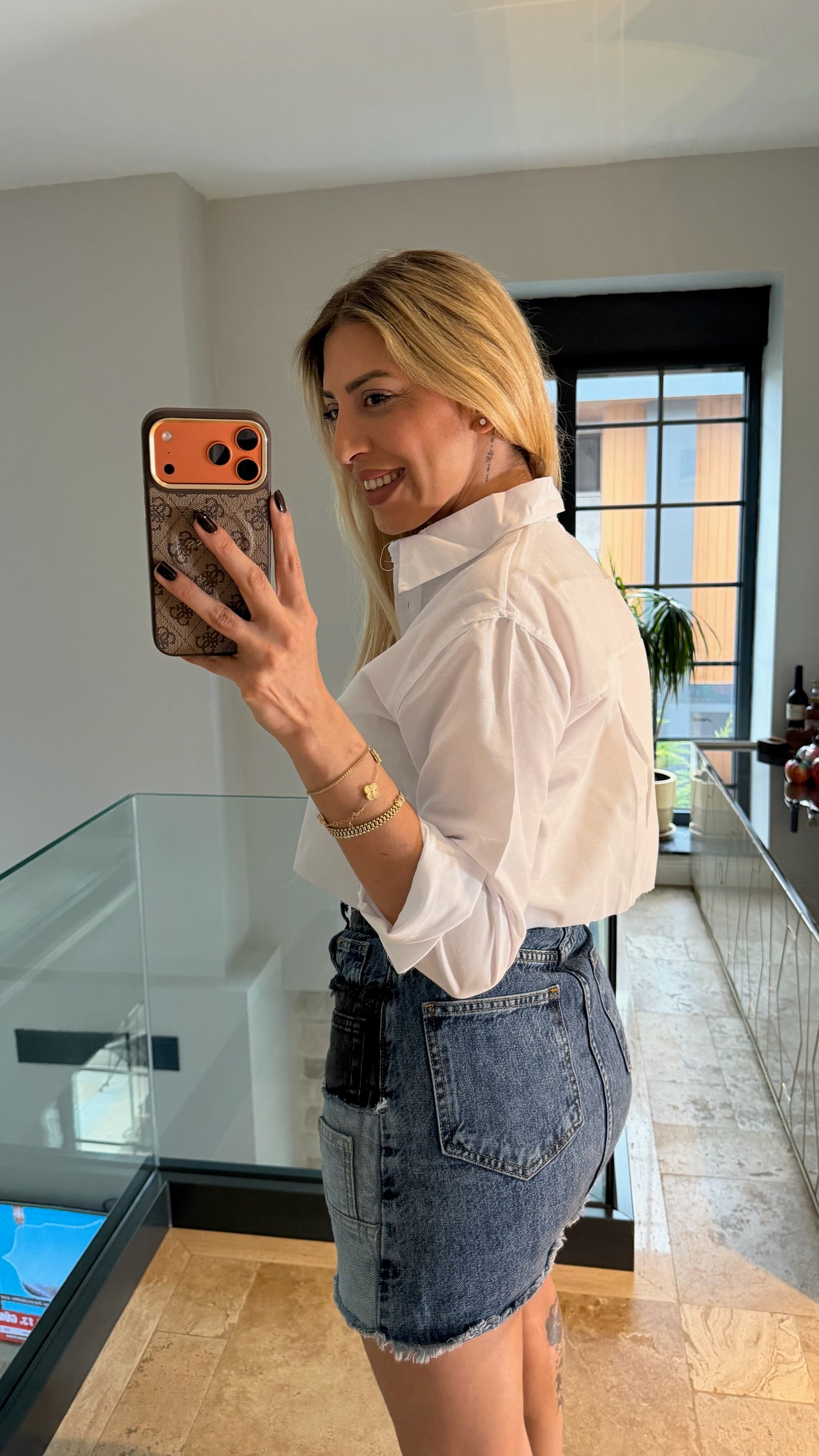 Kot Cep Detaylı Crop Gömlek Beyaz