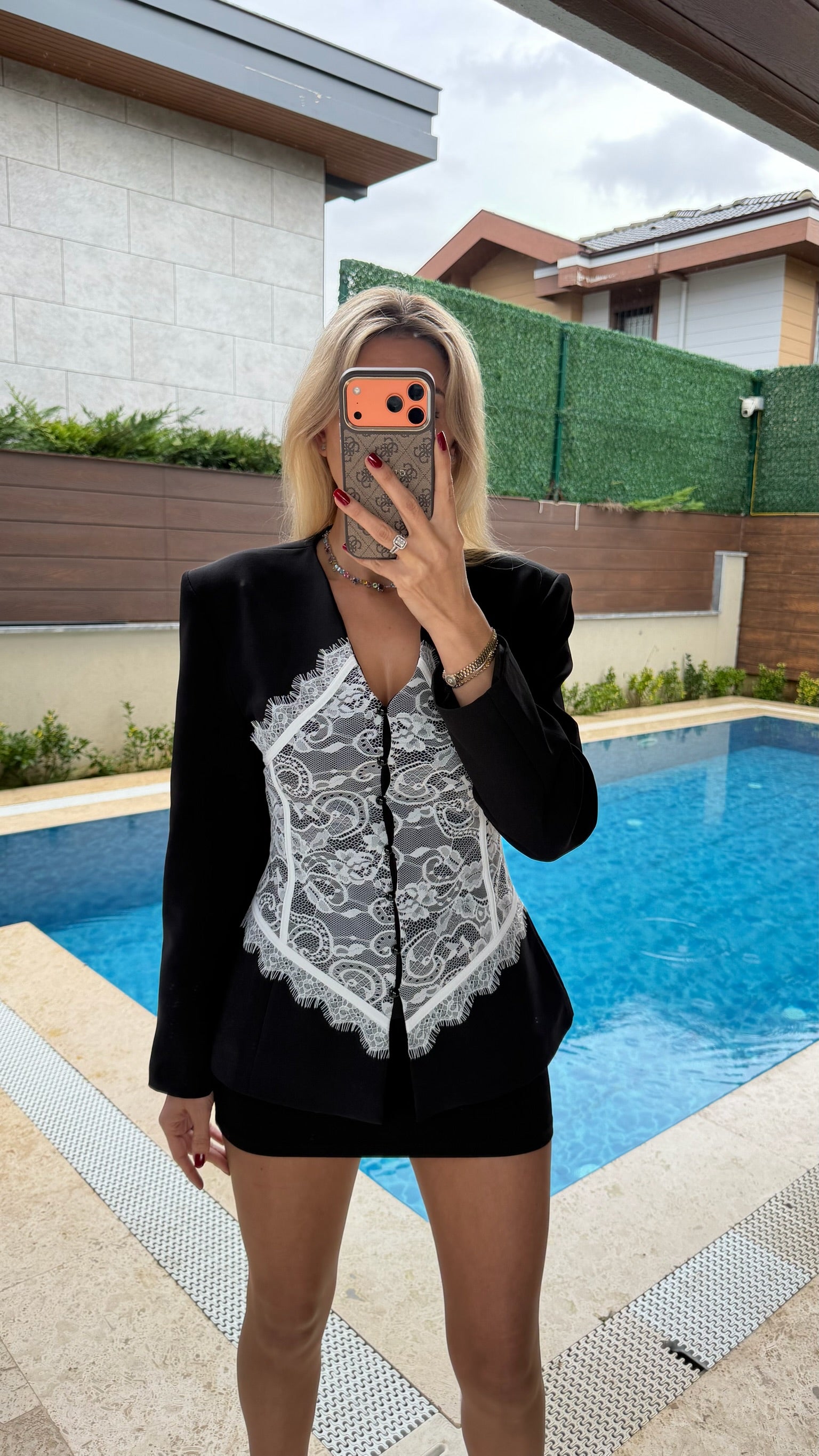 Dantel Detaylı Düğmeli V Yaka Tasarım Blazer Ceket Siyah