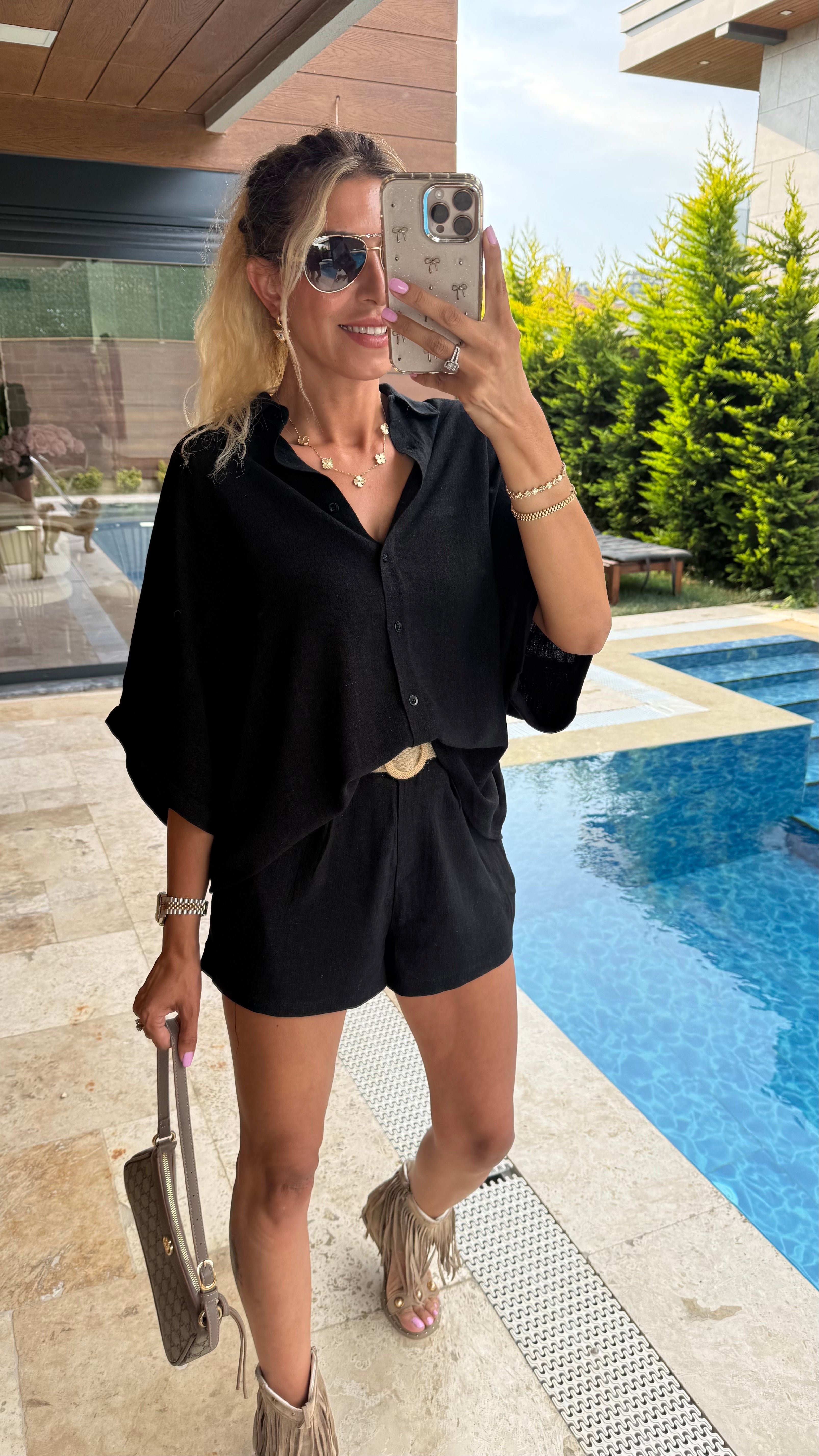 Loya Keten Şortlu Takım Siyah