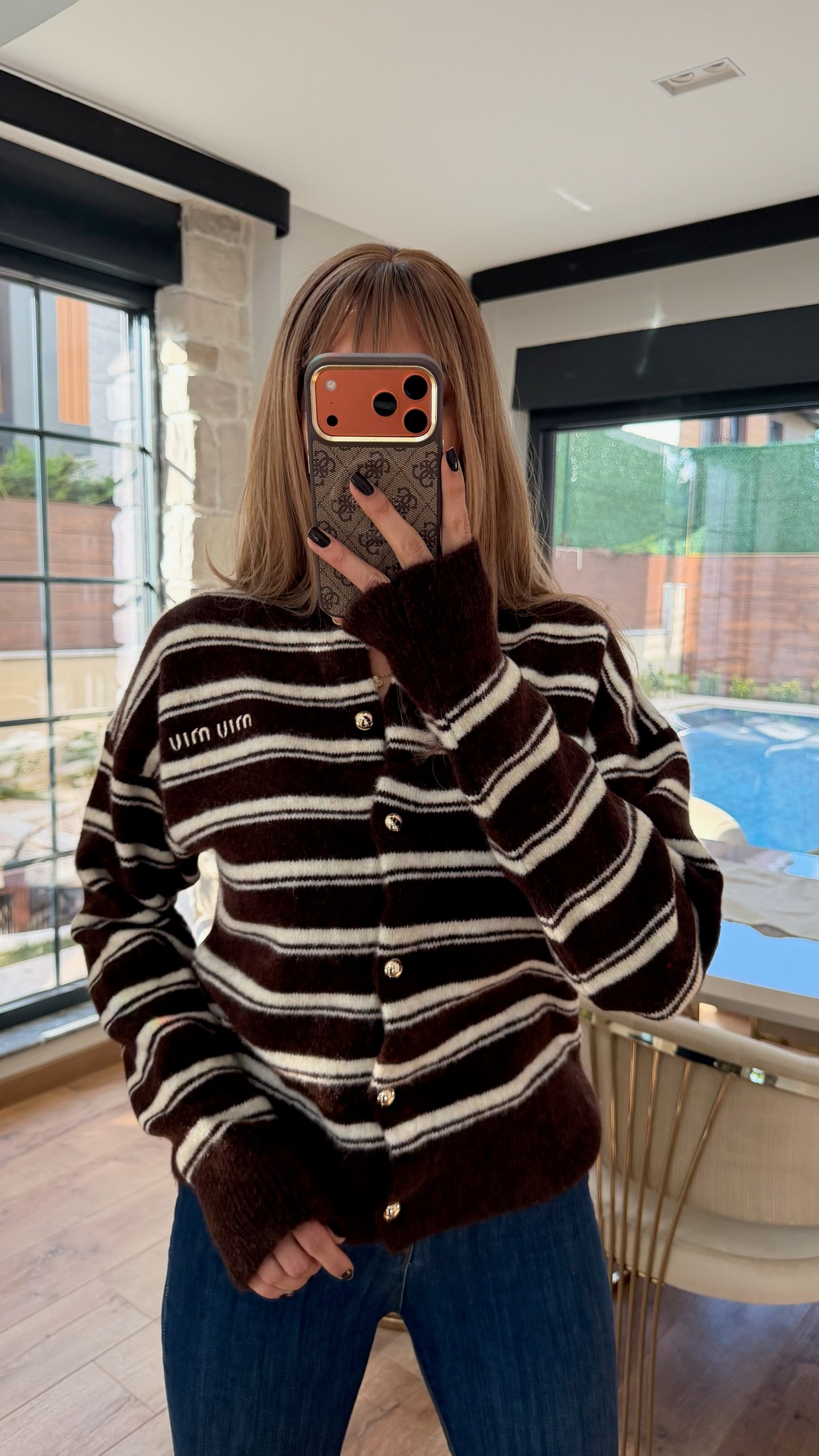 MM Yumoş Gold Düğmeli Şeritli Hırka Kahve