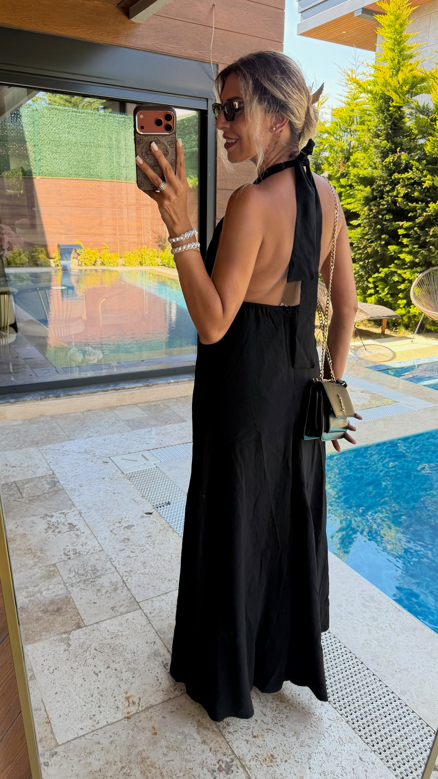 Diva Boyundan Bağlamalı Uzun Elbise Siyah