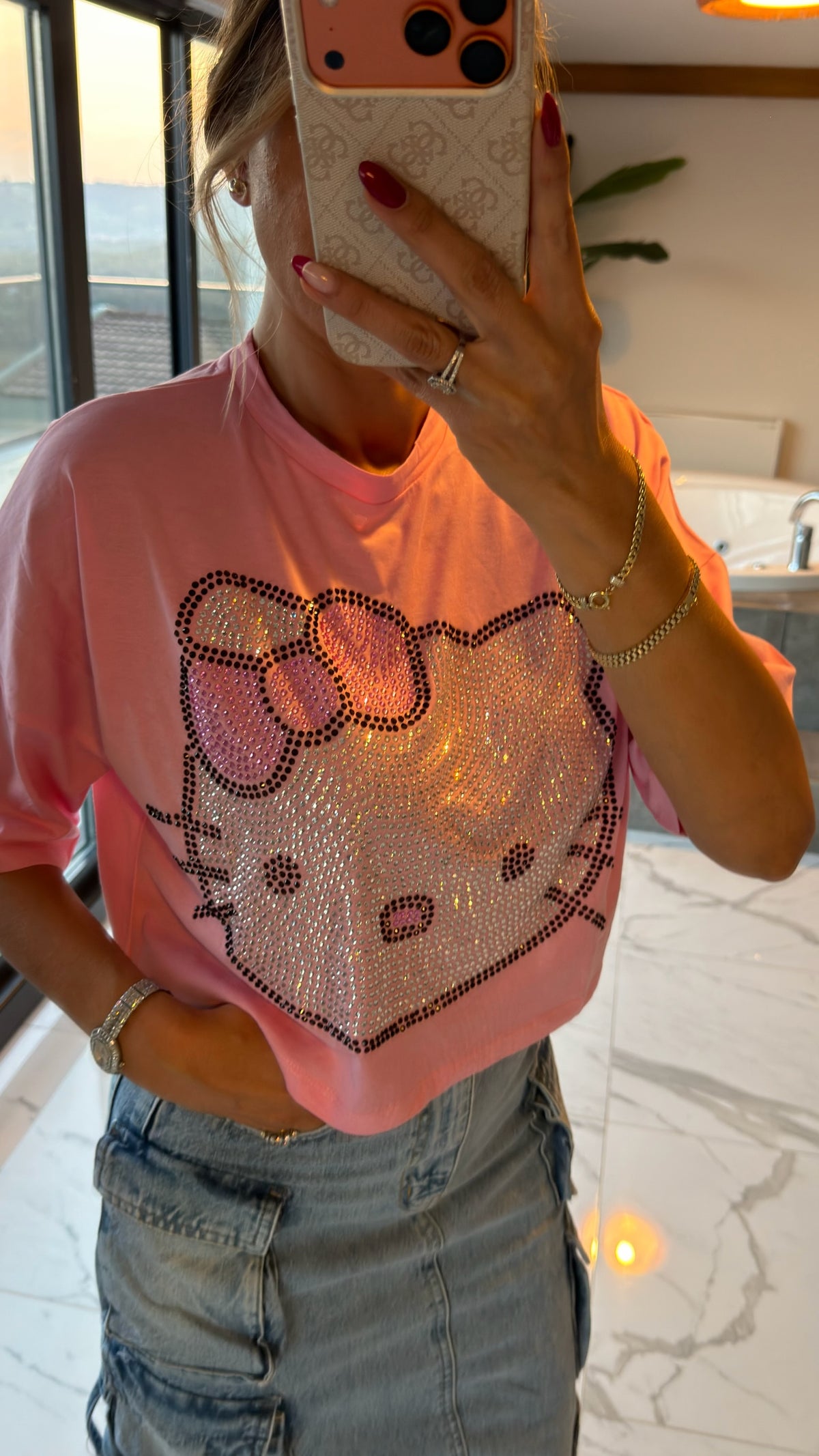Pink Shine Taşlı Crop Tişört
