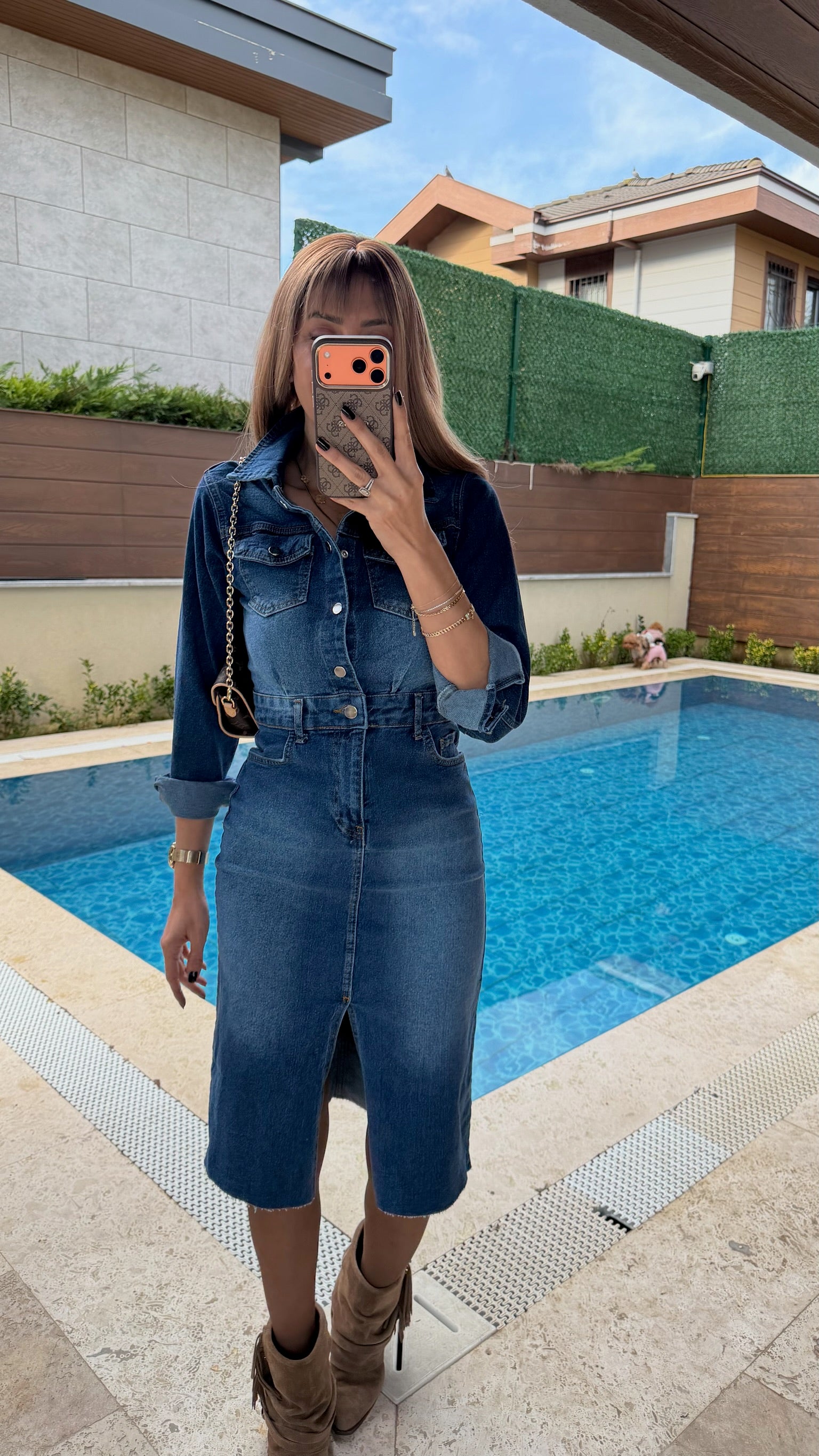 ZR Önü Yırtmaçlı Düğmeli Cep Detaylı Midi Kot Elbise