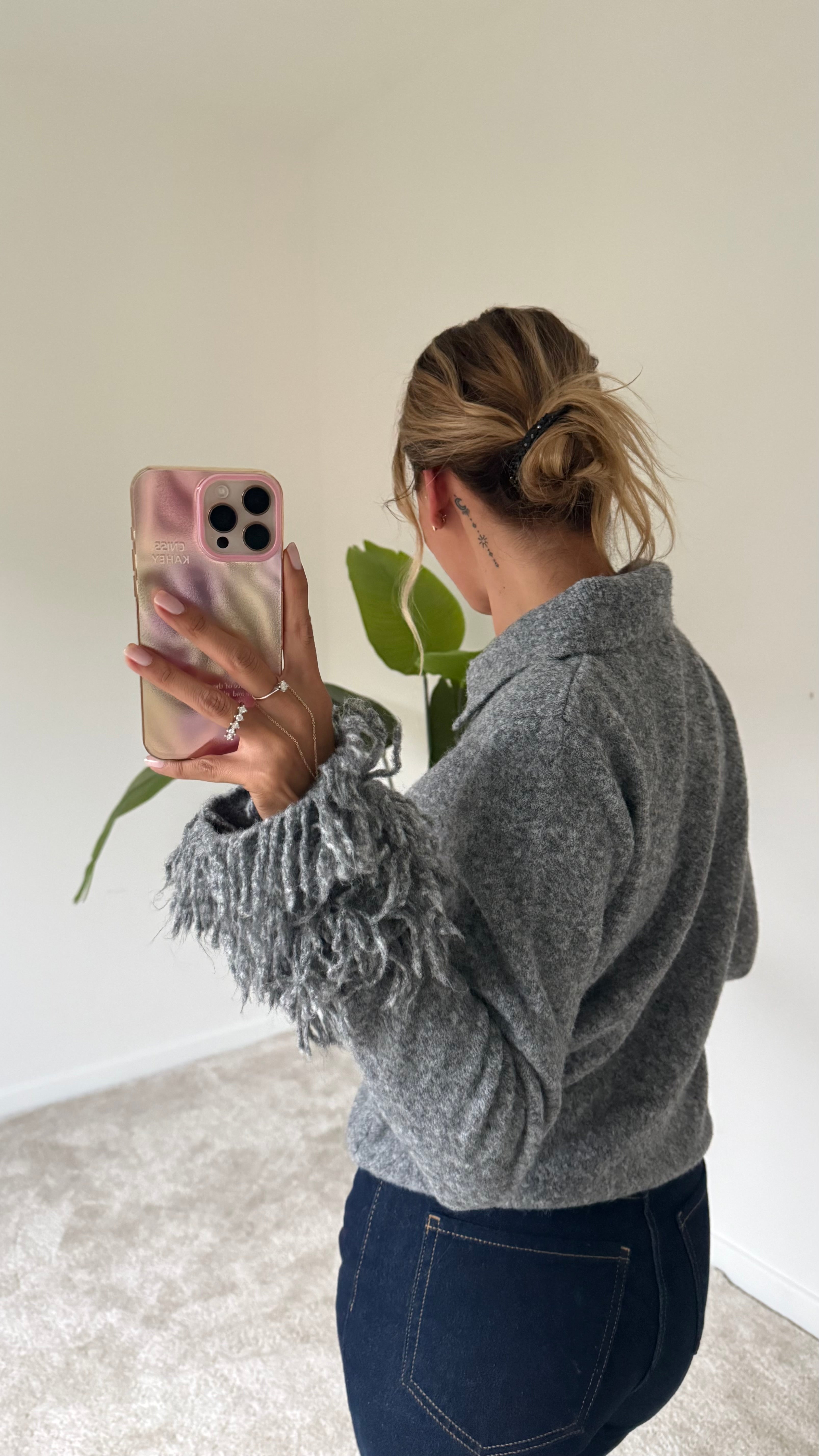 Polo Yaka Kolları Püsküllü Hırka Gri