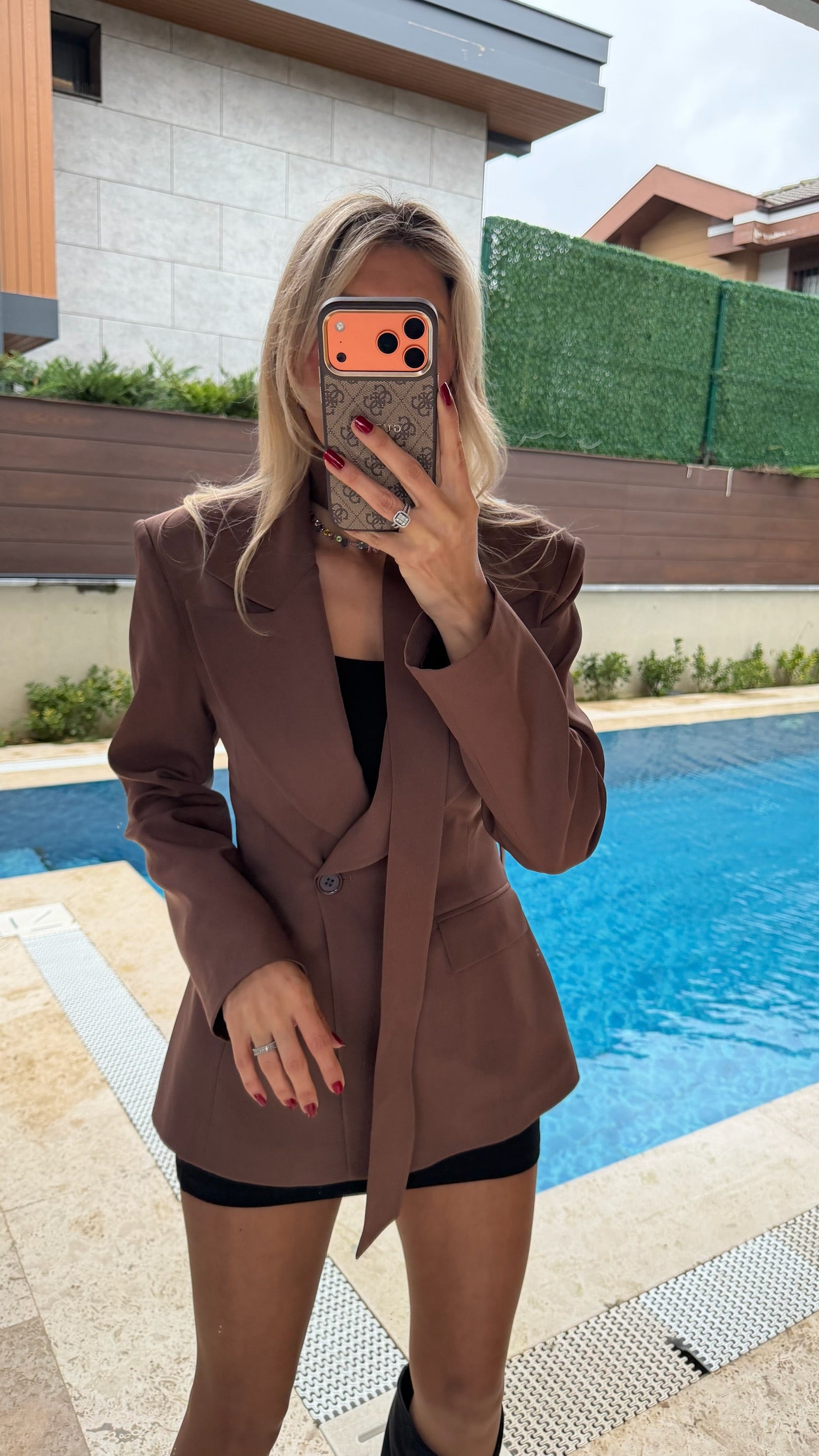 Şallı Düğmeli Cep Detaylı Ceket Acı Kahve