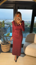 Premium Vatkalı Taş Detaylı Elbise Bordo