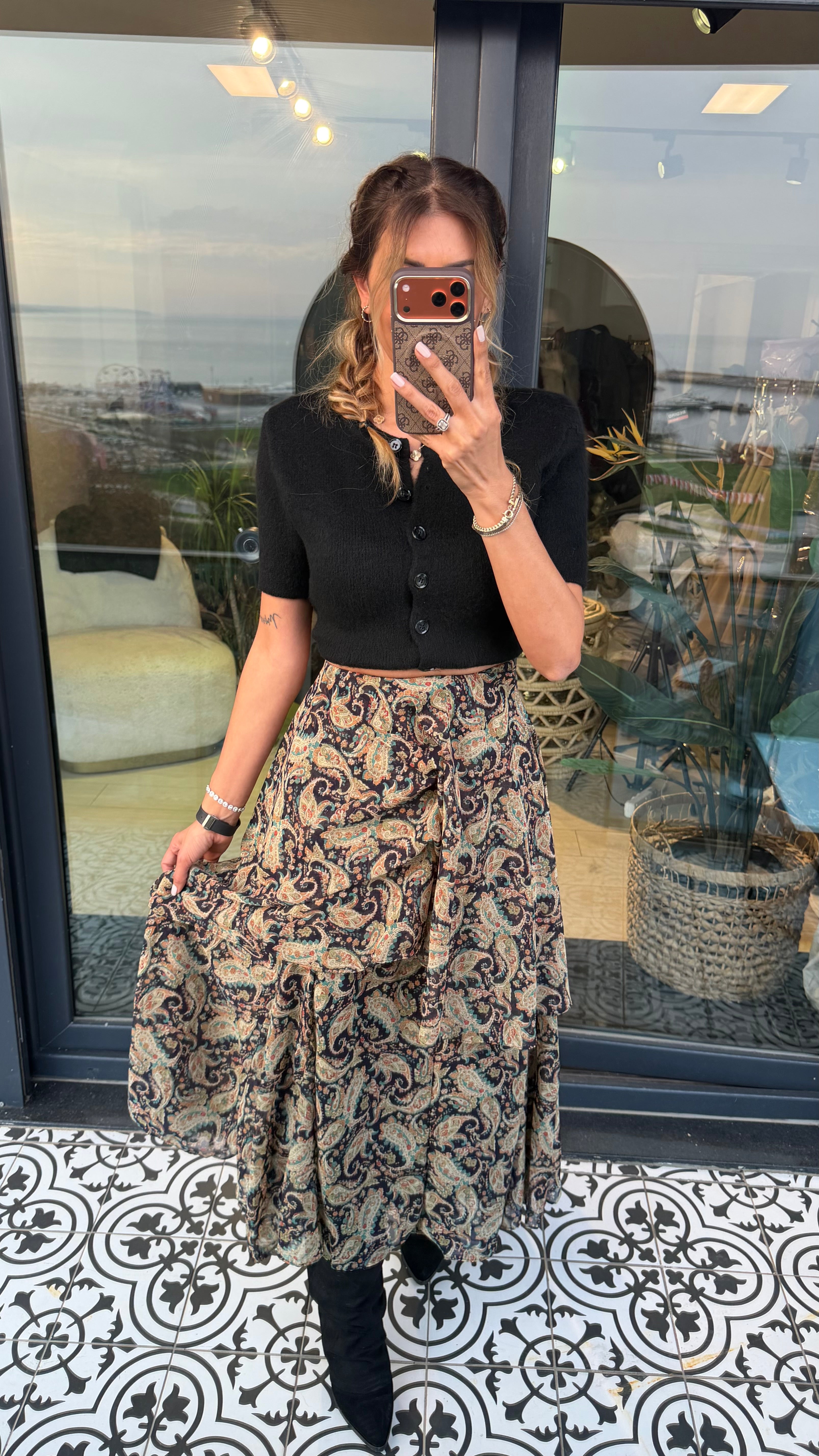 Yırtmaçlı tül detaylı fermuarlı çok renkli etek