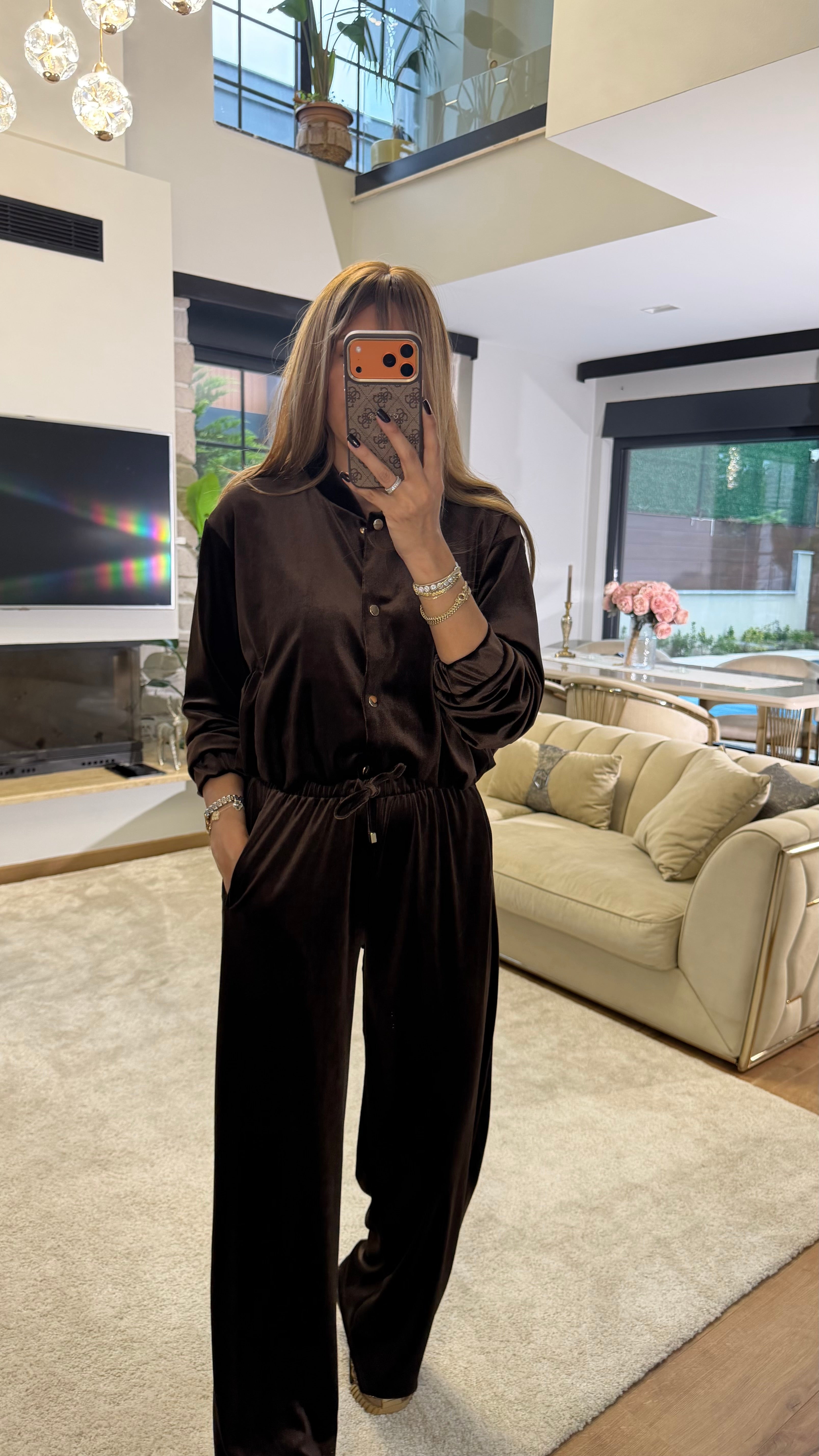 Kadife Çıt Çıt Detaylı Takım Acı Kahve