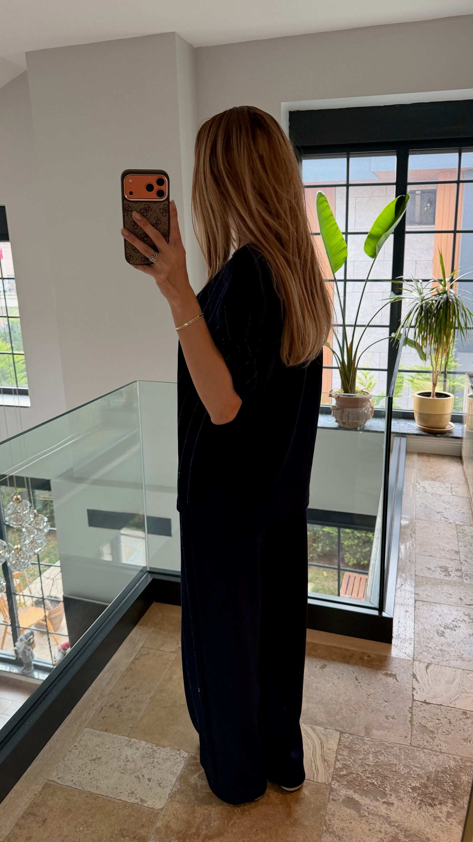 Şerit Taş Detaylı İkili Tişört Takım Lacivert