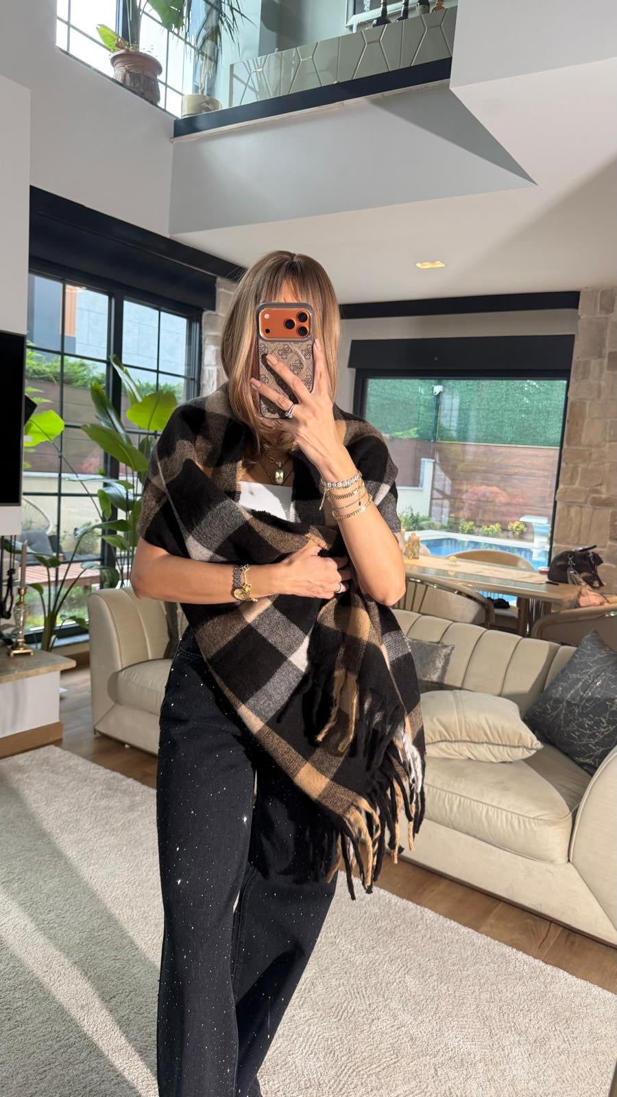 Acı Kahve Kareli Püsküllü Yumuşak Dokulu Şal