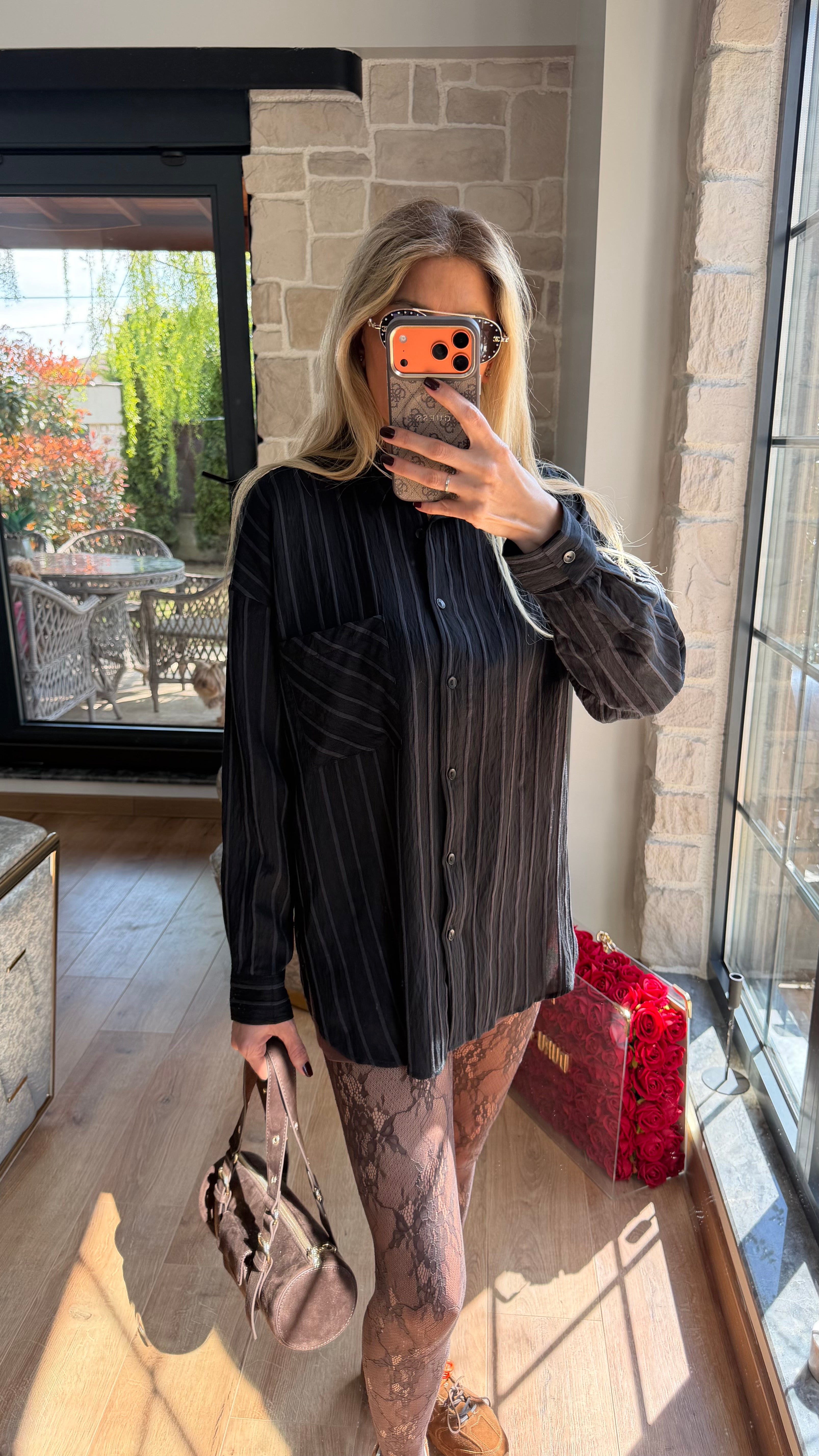 Çizgili Viskon Gömlek Siyah