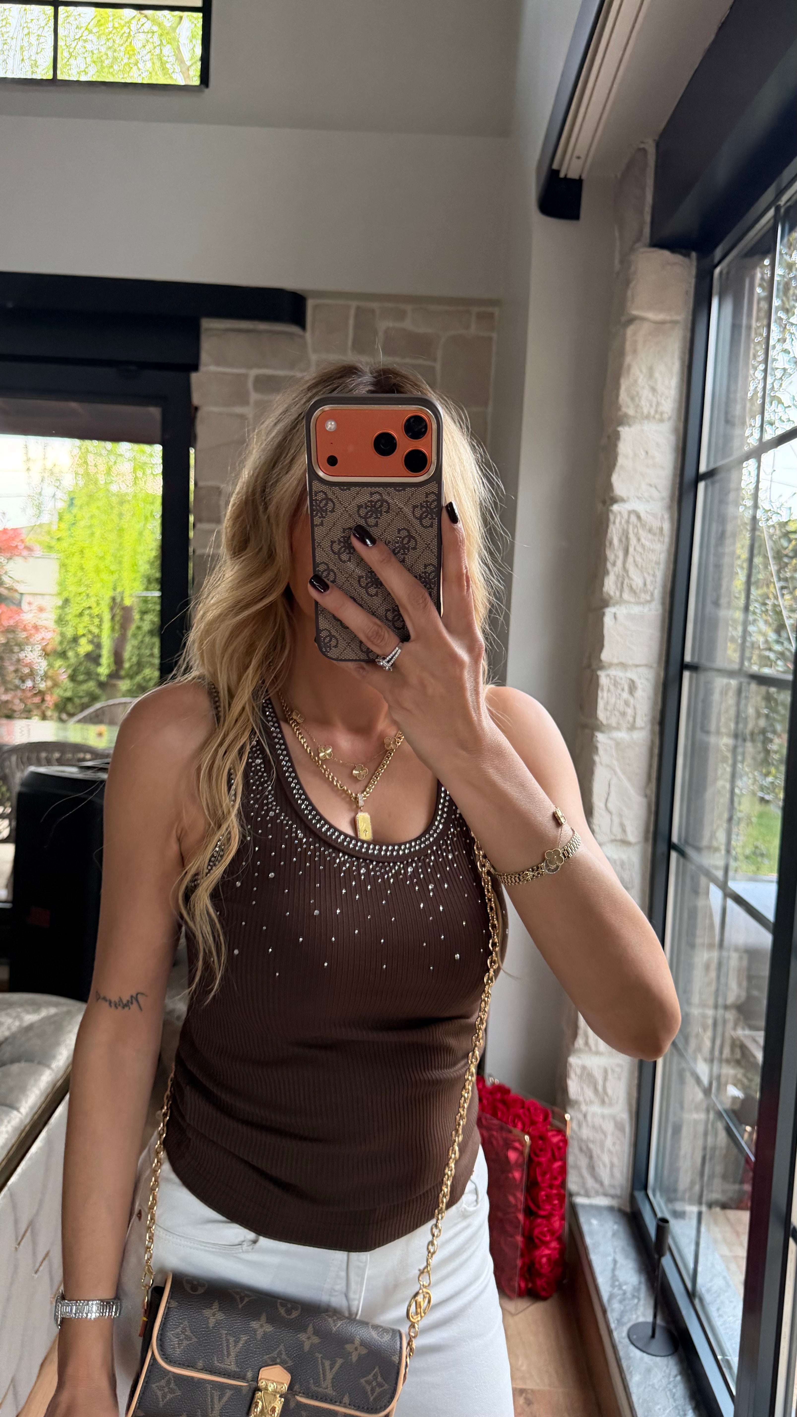 Dağınık Taş Detay Atlet Acıkahve