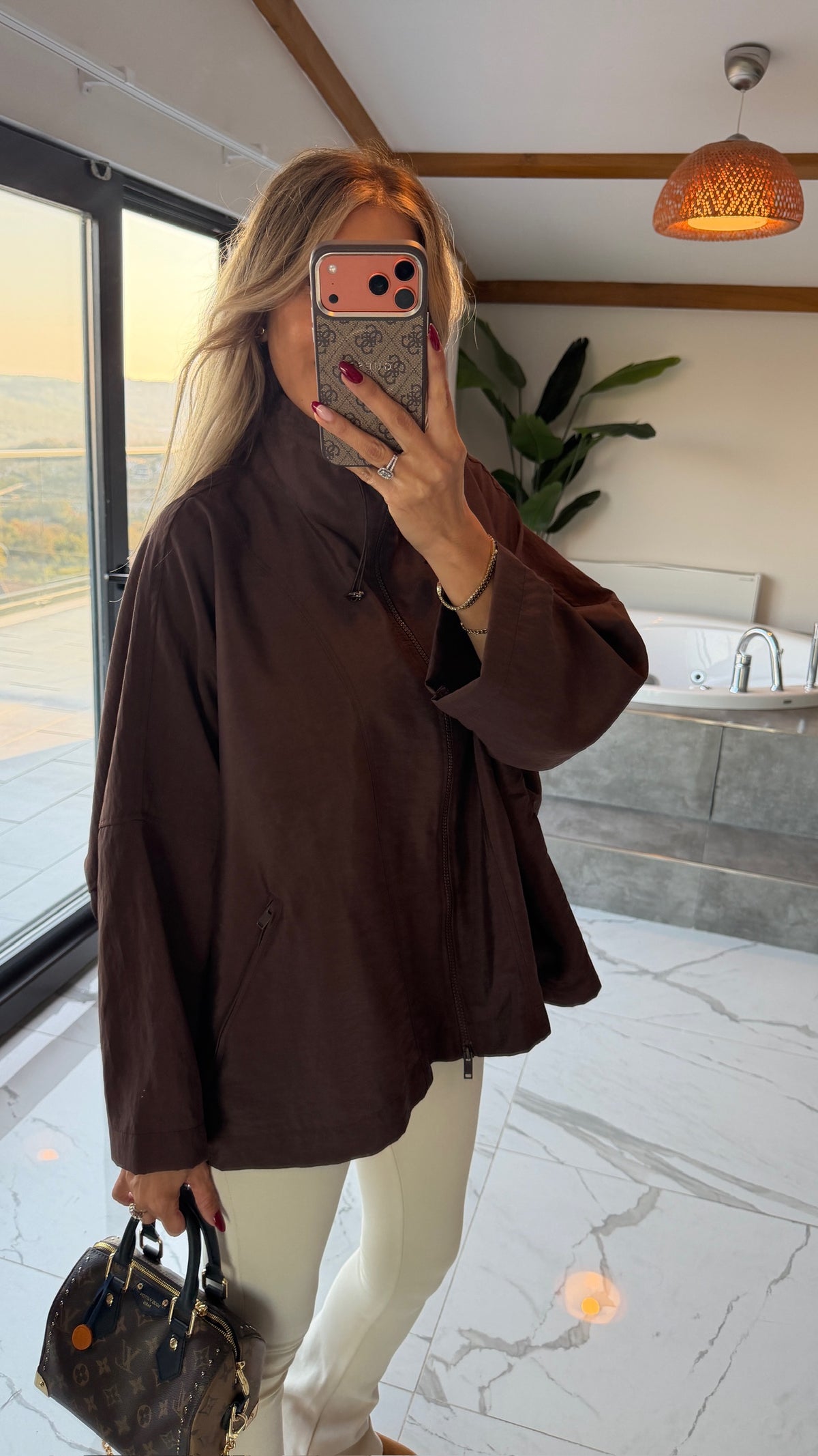 Oversize Kapüşonlu Fermuarlı Sweatshirt Ceket Kahverengi