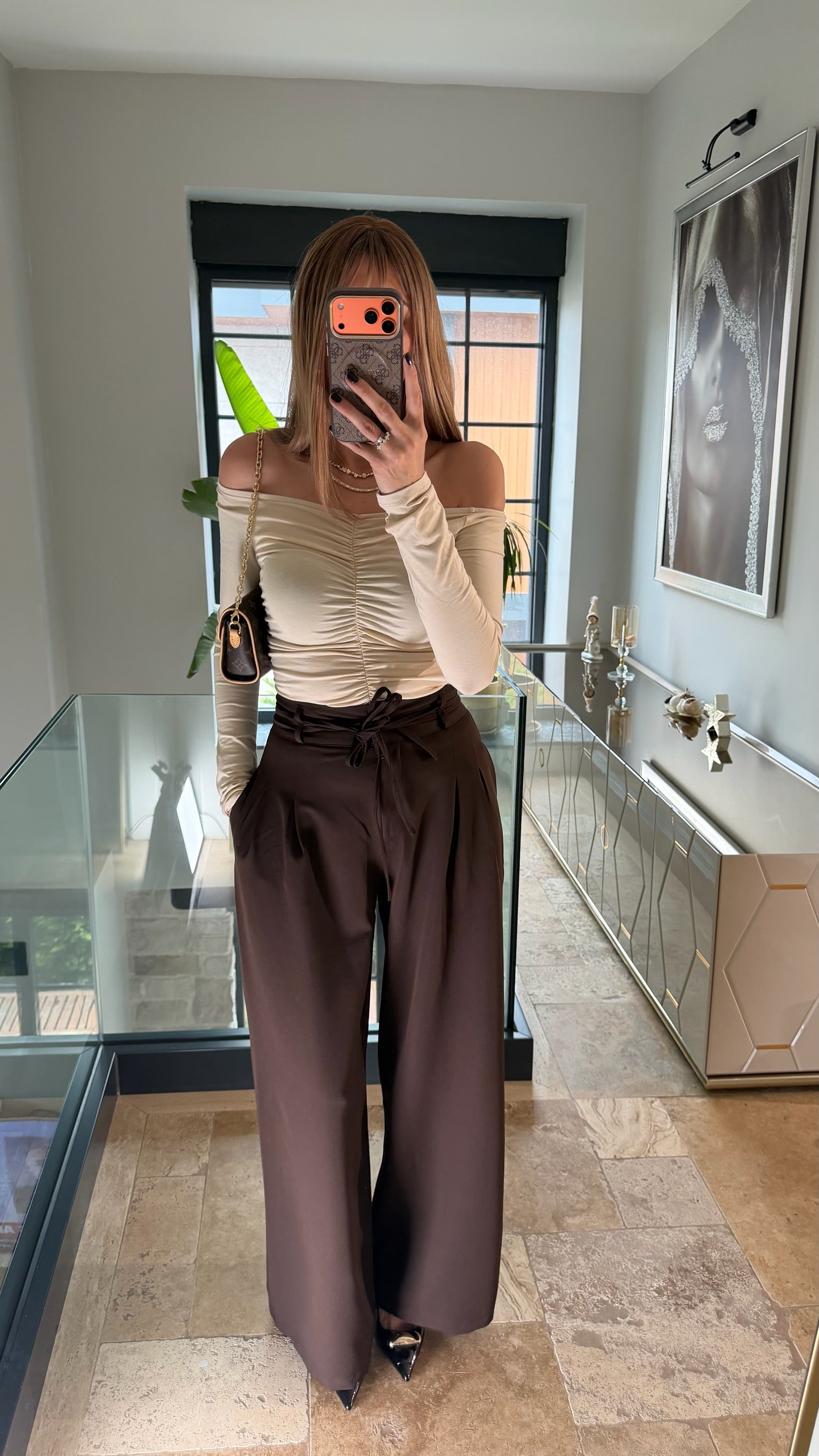 Çift Bağcıklı Kemerli Palazzo Pantolon Acı Kahve