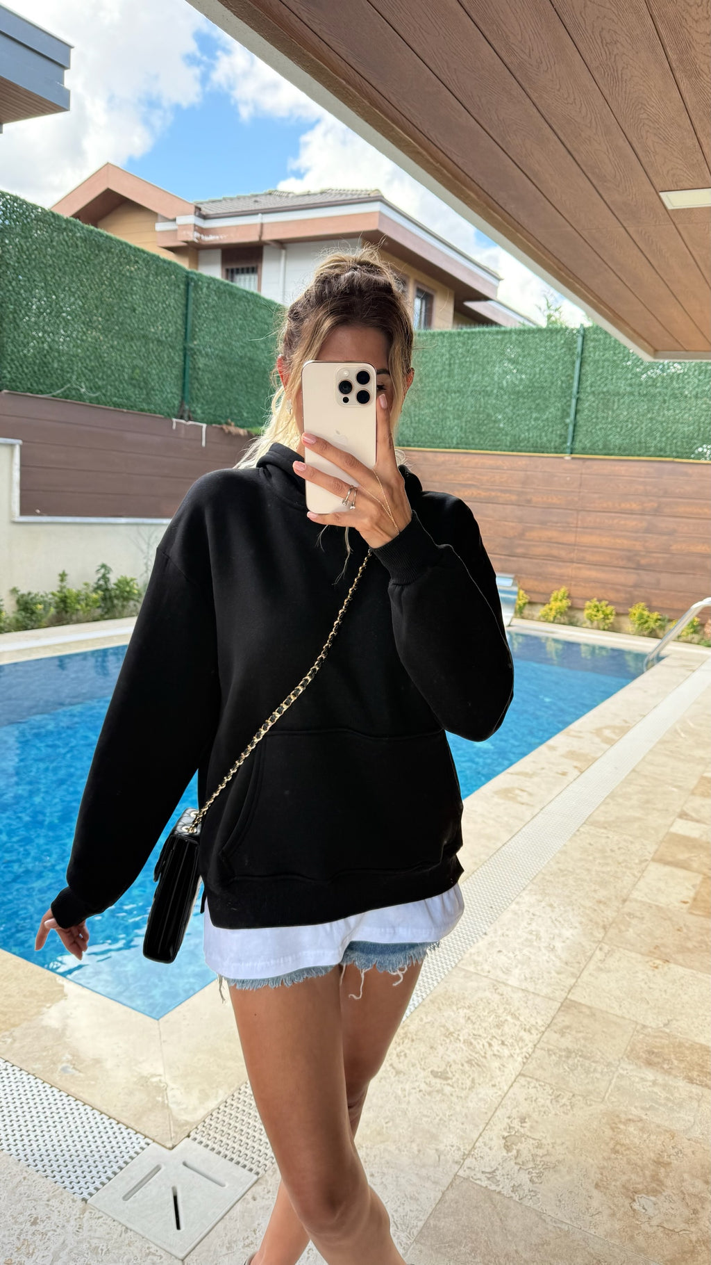 Tişört Detaylı Kapüşonlu Sweatshirt Siyah