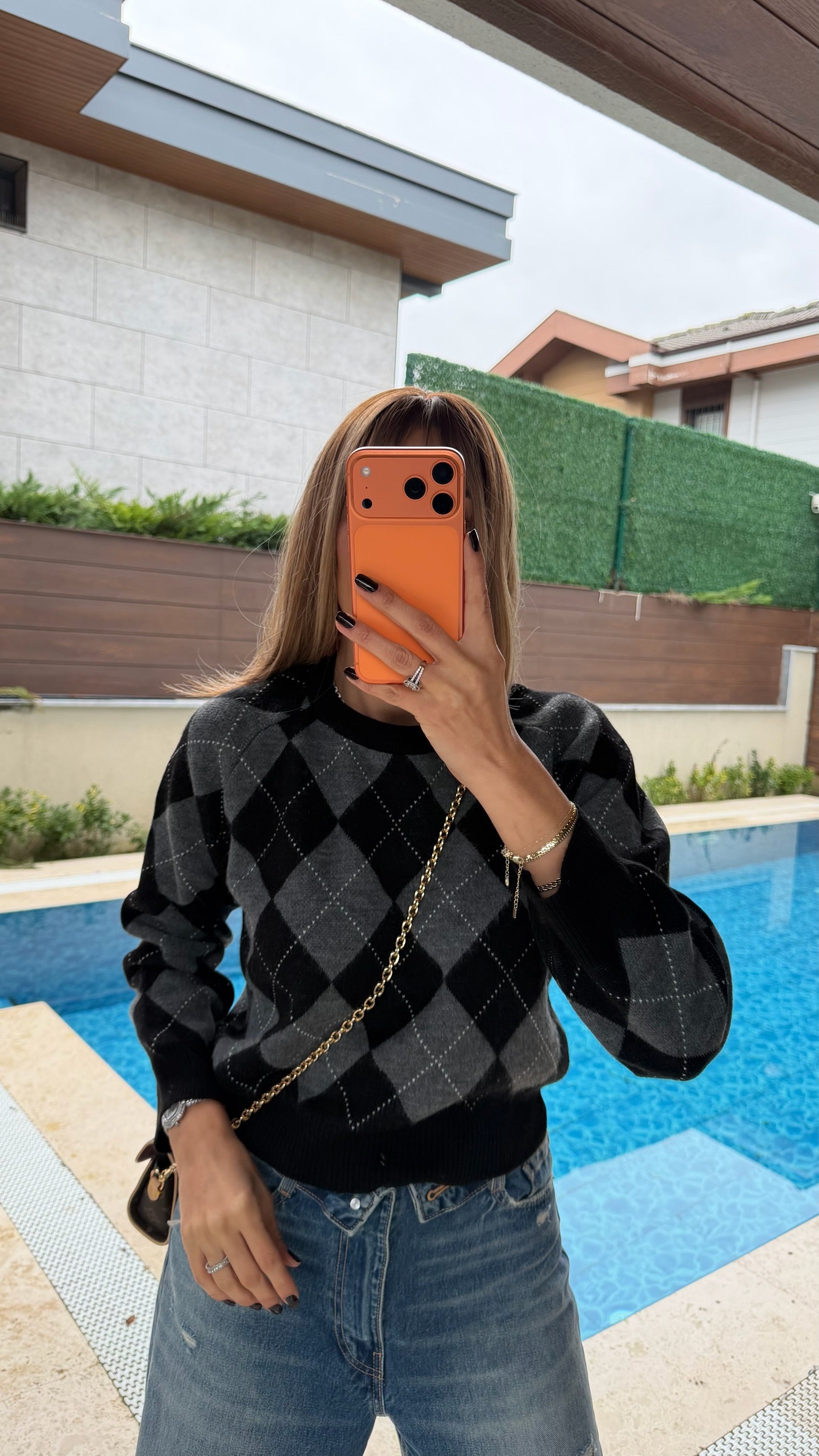 Vintage Baklava Desenli Kazak Siyah Gri