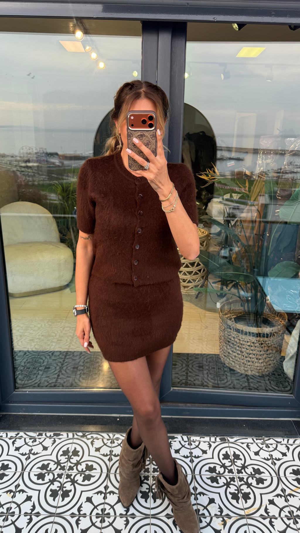 Kısa Kollu Düğme Detay Mini Etekli İkili Takım