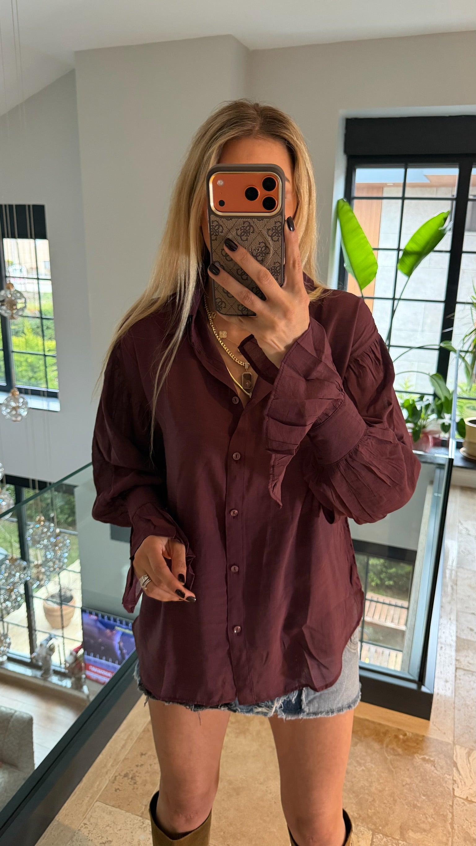 Kol Büzgülü Gömlek Mürdüm Bordo