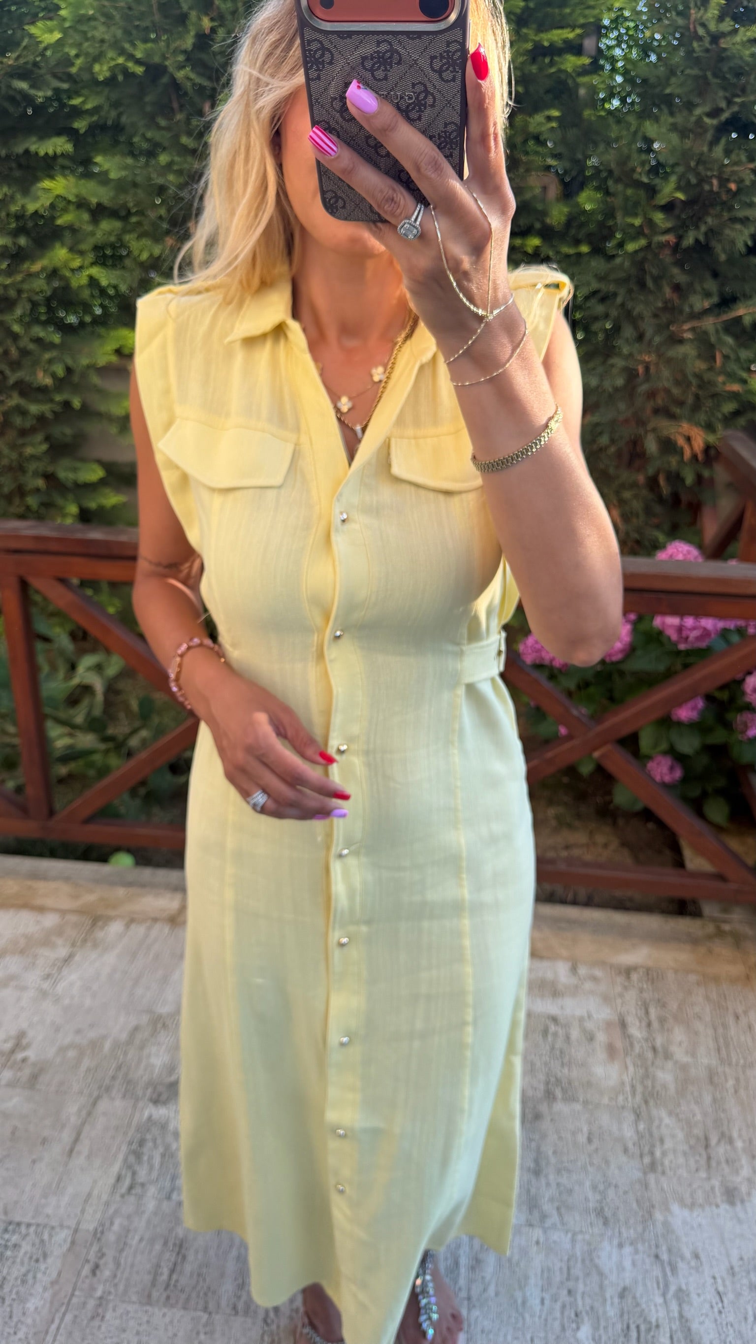 Golden Bloom Bel Detaylı Elbise Sarı