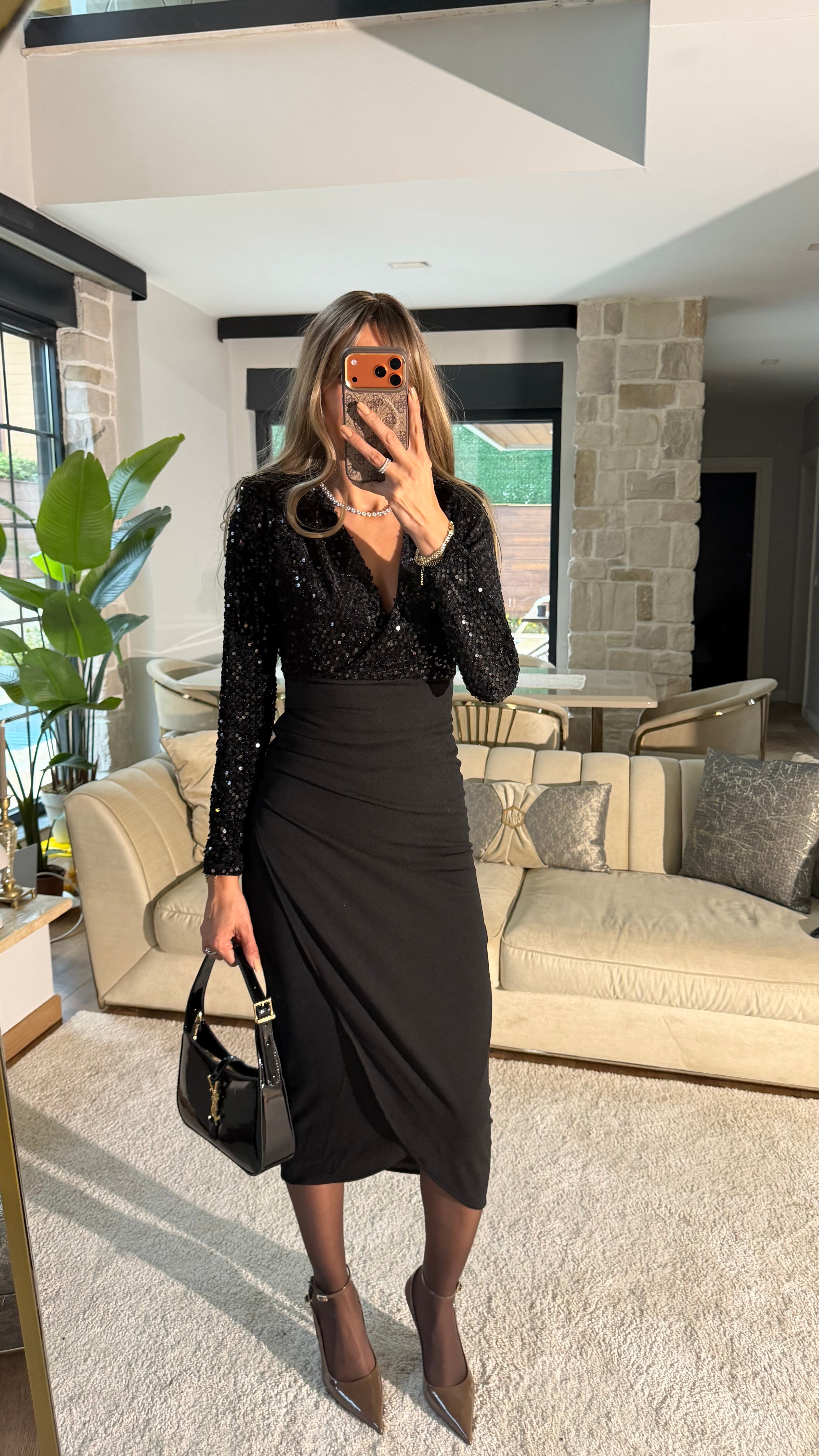 Drapeli Gece Elbisesi Siyah