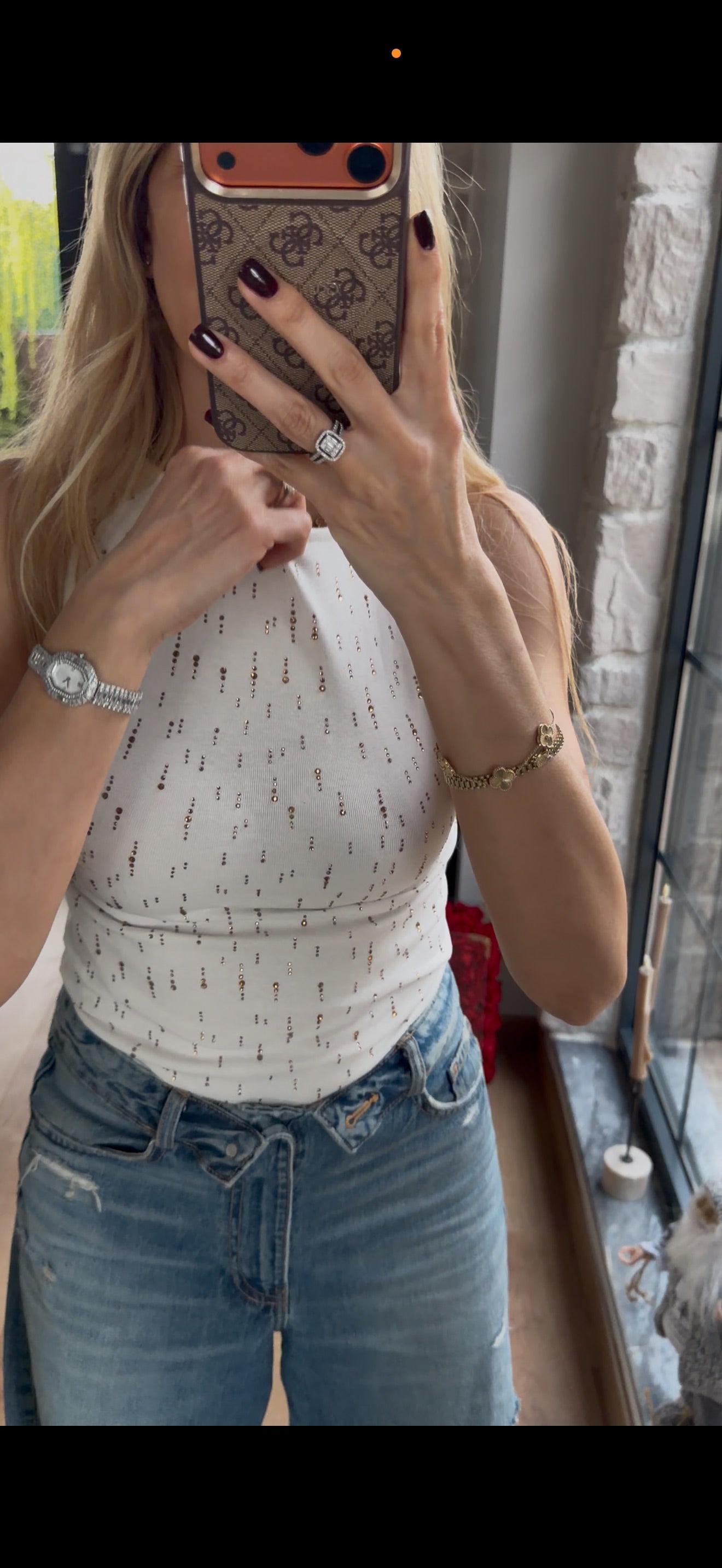 Akıtma Taş Detaylı Atlet Beyaz