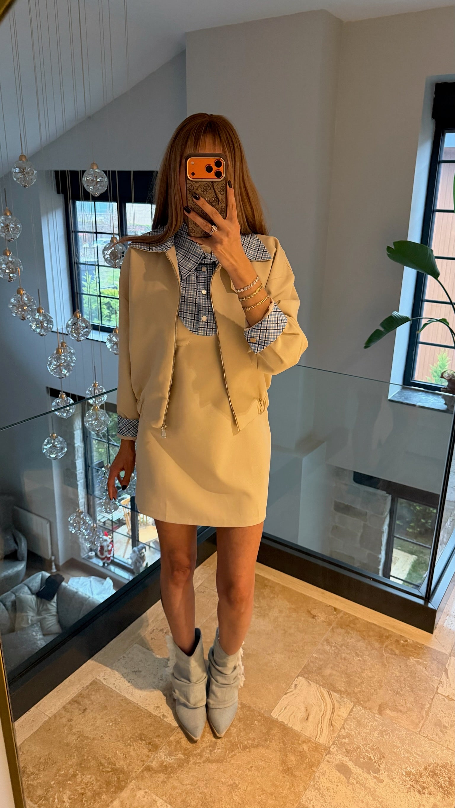 Ekose Yakalık Elbise Ceket Takımı Krem