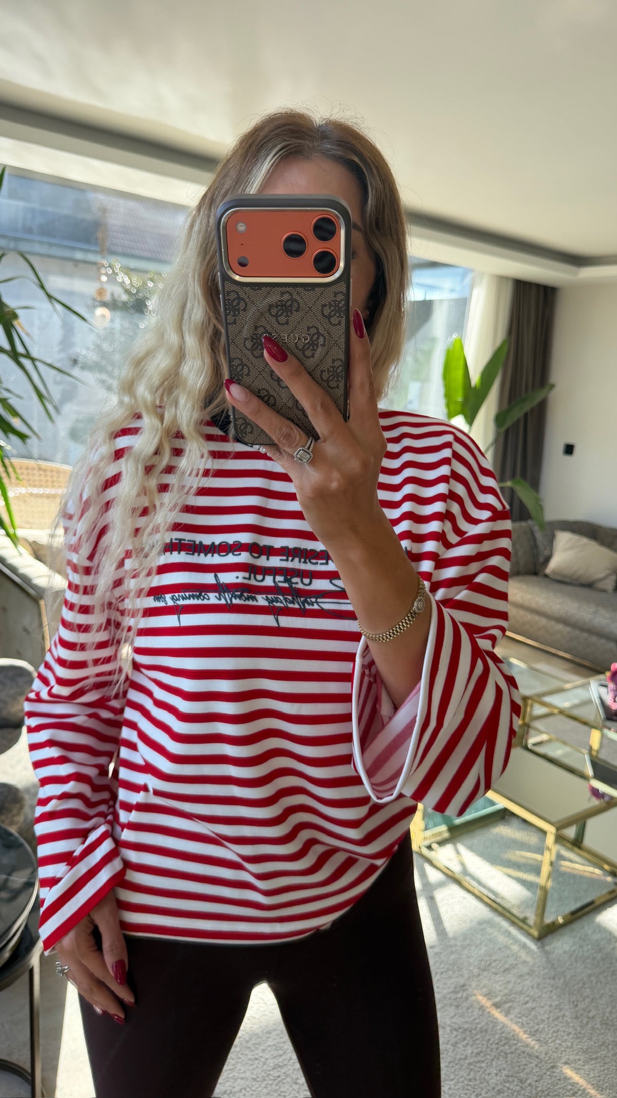 Mimoza Çizgili Yazı Detaylı Kırmızı Sweat