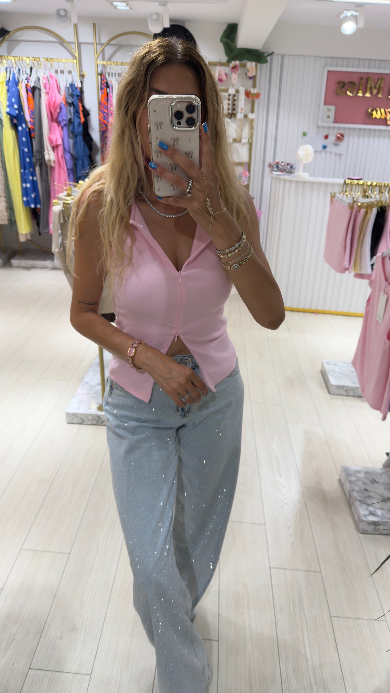 Candy Crush Polo Yaka Pembe Crop Bluz