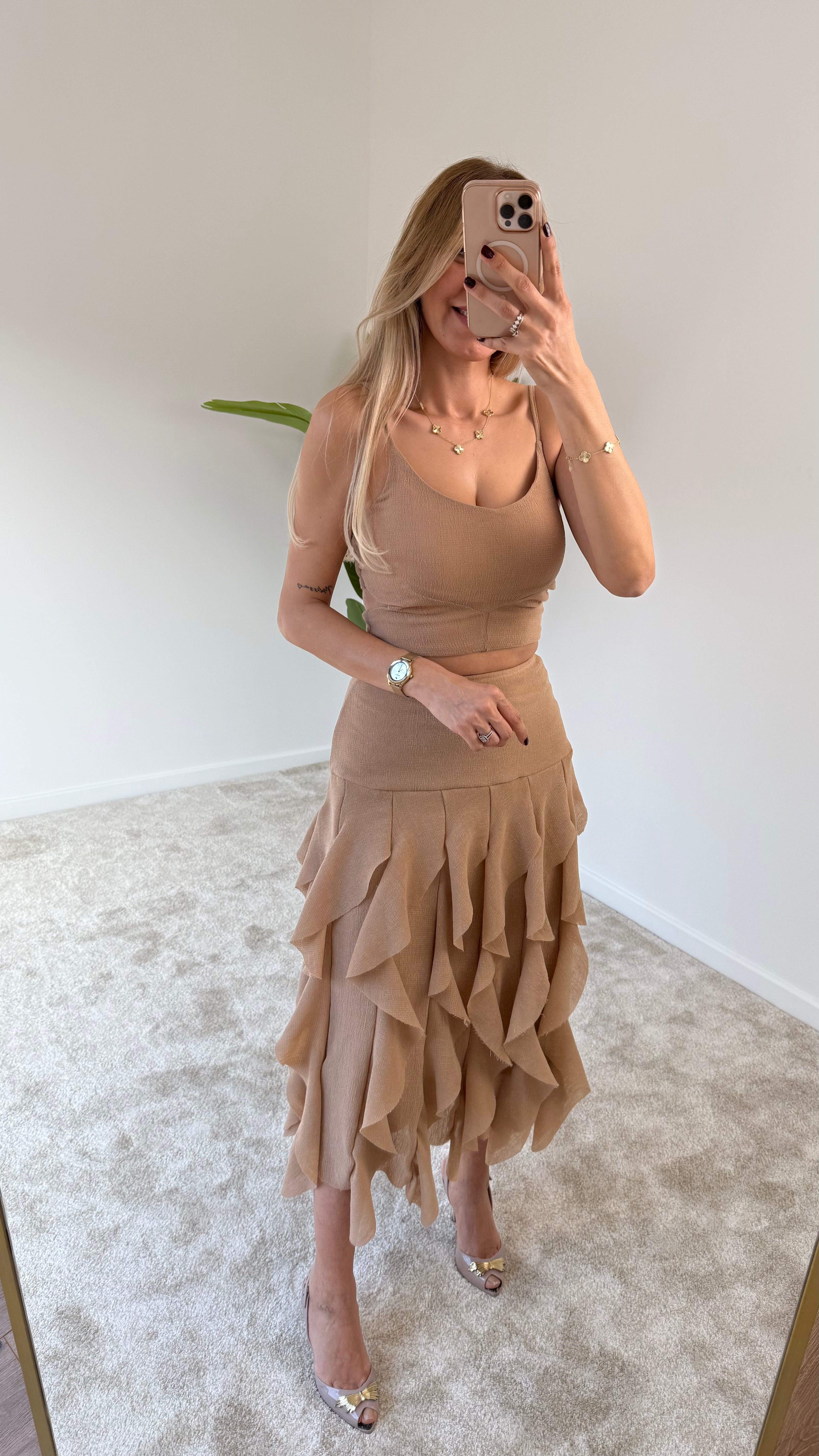 Laide Crop Bluz Fırfırlı Etek Takım