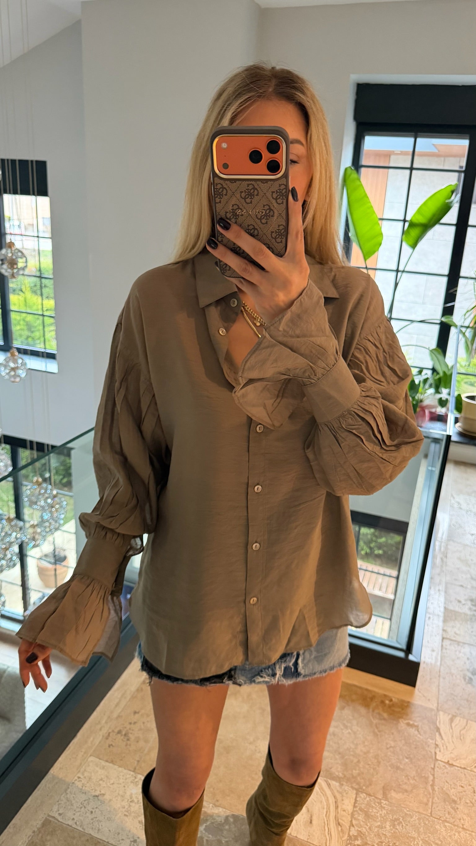 Kol Büzgülü Gömlek Vizon